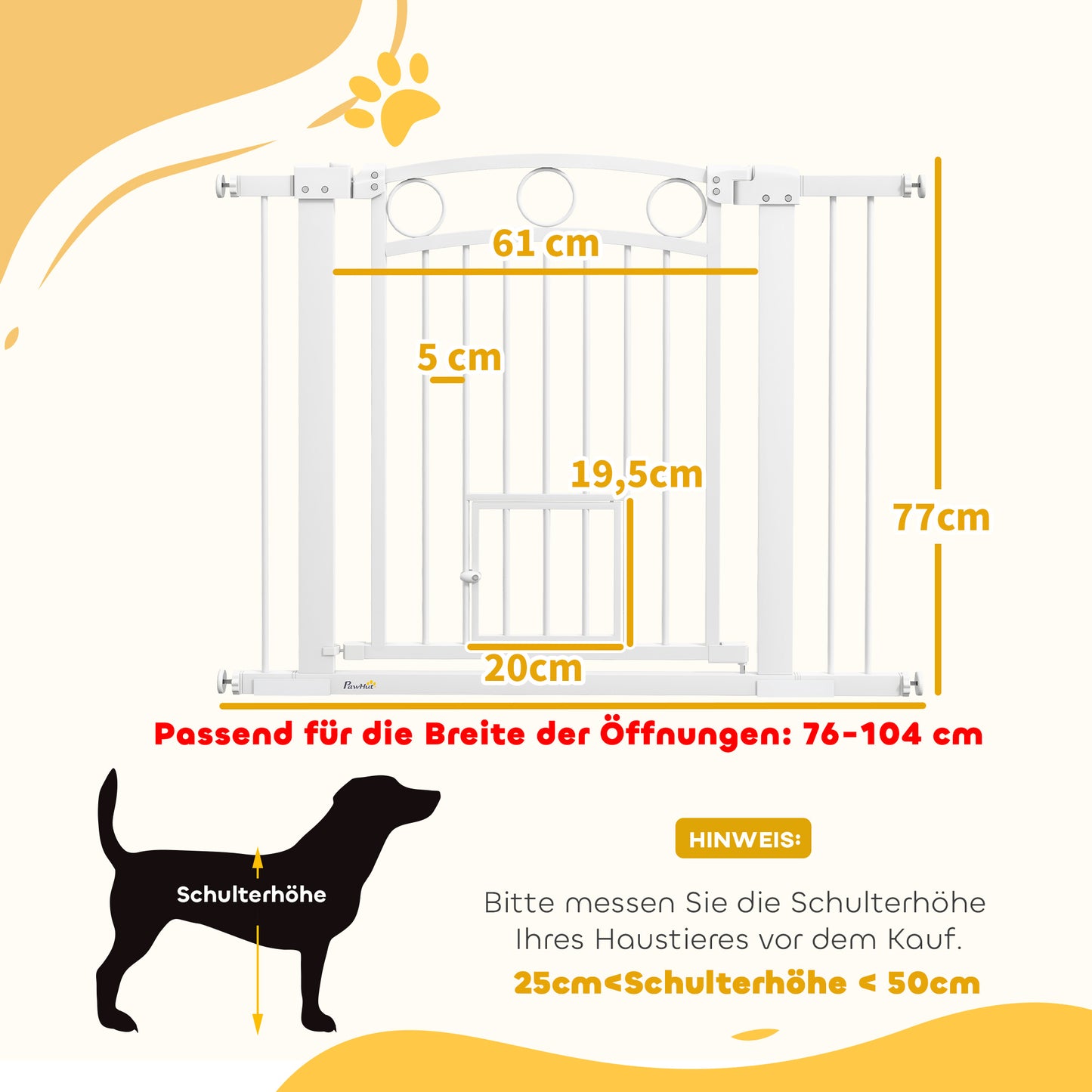 PawHut Haustiertor, 77 cm Treppengatter, verstellbare Breite 76-104 cm, mit Katzentür, für Treppen und Türöffnungen, Weiß