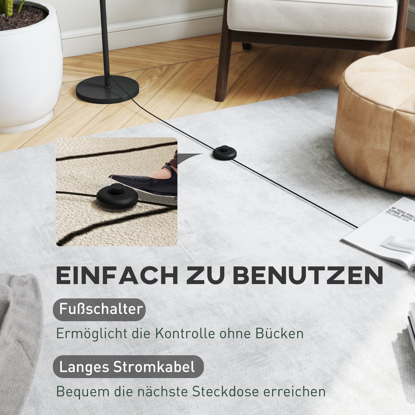 HOMCOM Stehlampe mit Schirm in Mondoptik, Fußschalter, 3 Farbtemperaturen, Metall, Schwarz