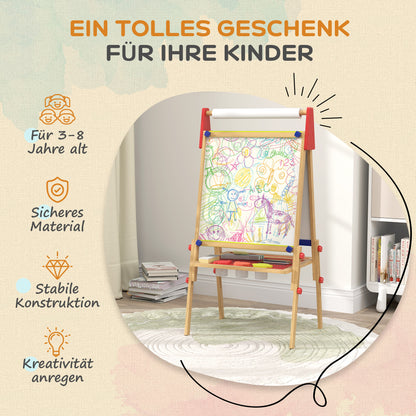 AIYAPLAY 3-in-1 Kindermalstaffelei, Kreidetafel, Whiteboard, Papierrolle, inklusive Zubehör, Kiefernholz, verstellbar