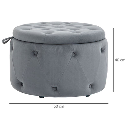 HOMCOM Hocker, rund, mit Staufach, Steppdesign mit Knöpfen, Bezug in Samtoptik, grau, 60 x 60 x 40cm
