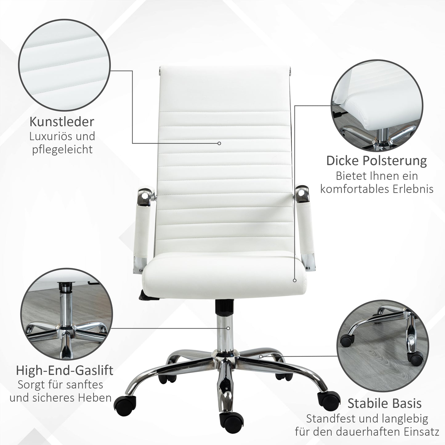 Vinsetto Bürostuhl ergonomisk Schreibtischstuhl med Wippfunktion Chefsessel höhenverstellbarer Drehstuhl gepolstert Konstledare Schaumstoff Weiß 54 x 62 x 104-114 cm