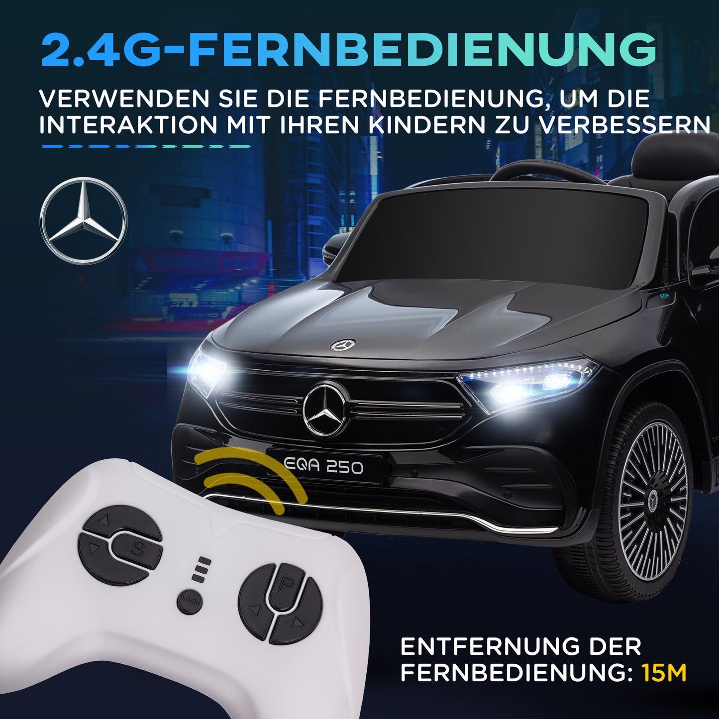 HOMCOM Elektro Kinderauto, lizenzierter Mercedes-Benz EQA, 3-8 km/h, Musik, Scheinwerfer, Hupe, Fernsteuerung, schwarz