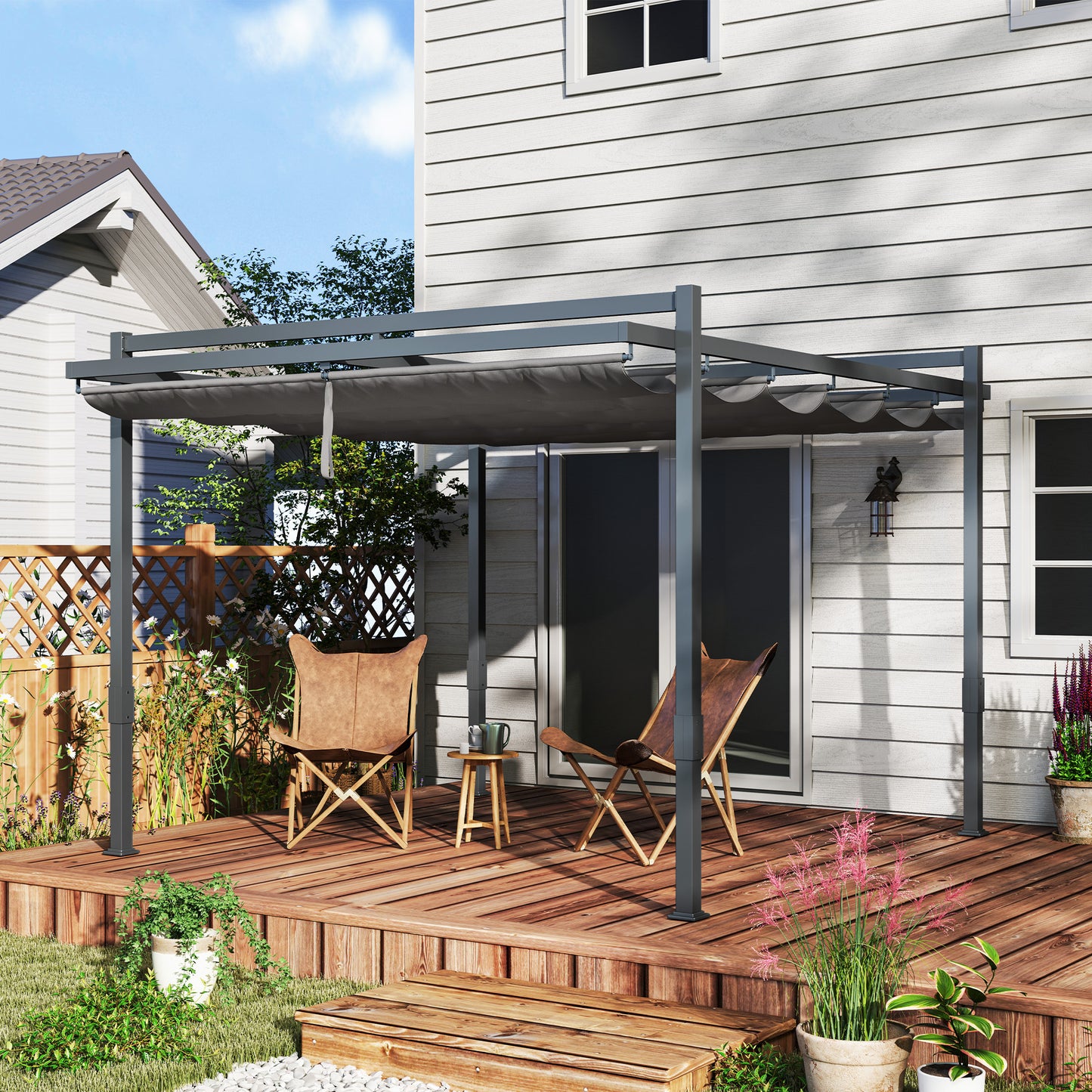 Outsunny Pergola Pavillon ca. 3,5x3m Aluminium Stabil winterfest Sonnenschutz mit verstellbares Schiebedach Grau