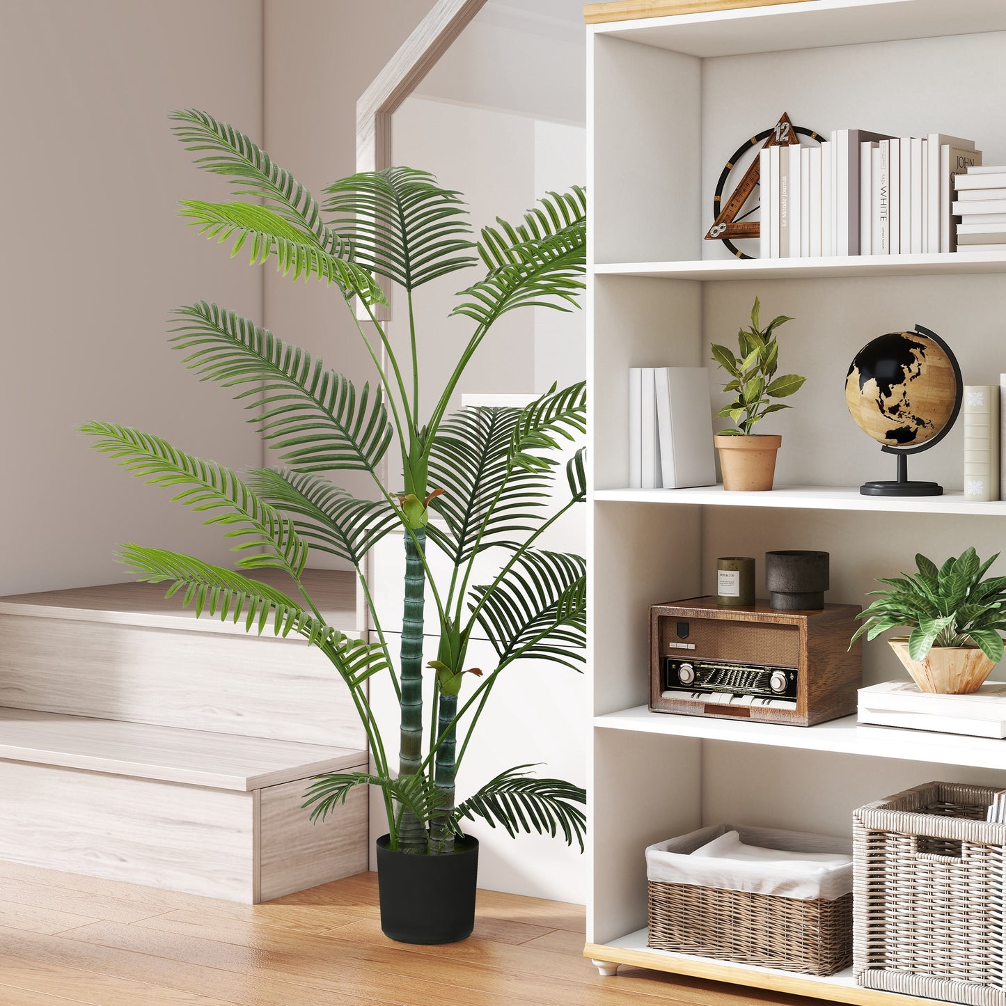 HOMCOM Künstliche Palme mit 16 Kunststoff-Blättern, UV-beständige Kunstpflanze mit Plastiktopf, für drinnen und draußen, Grün