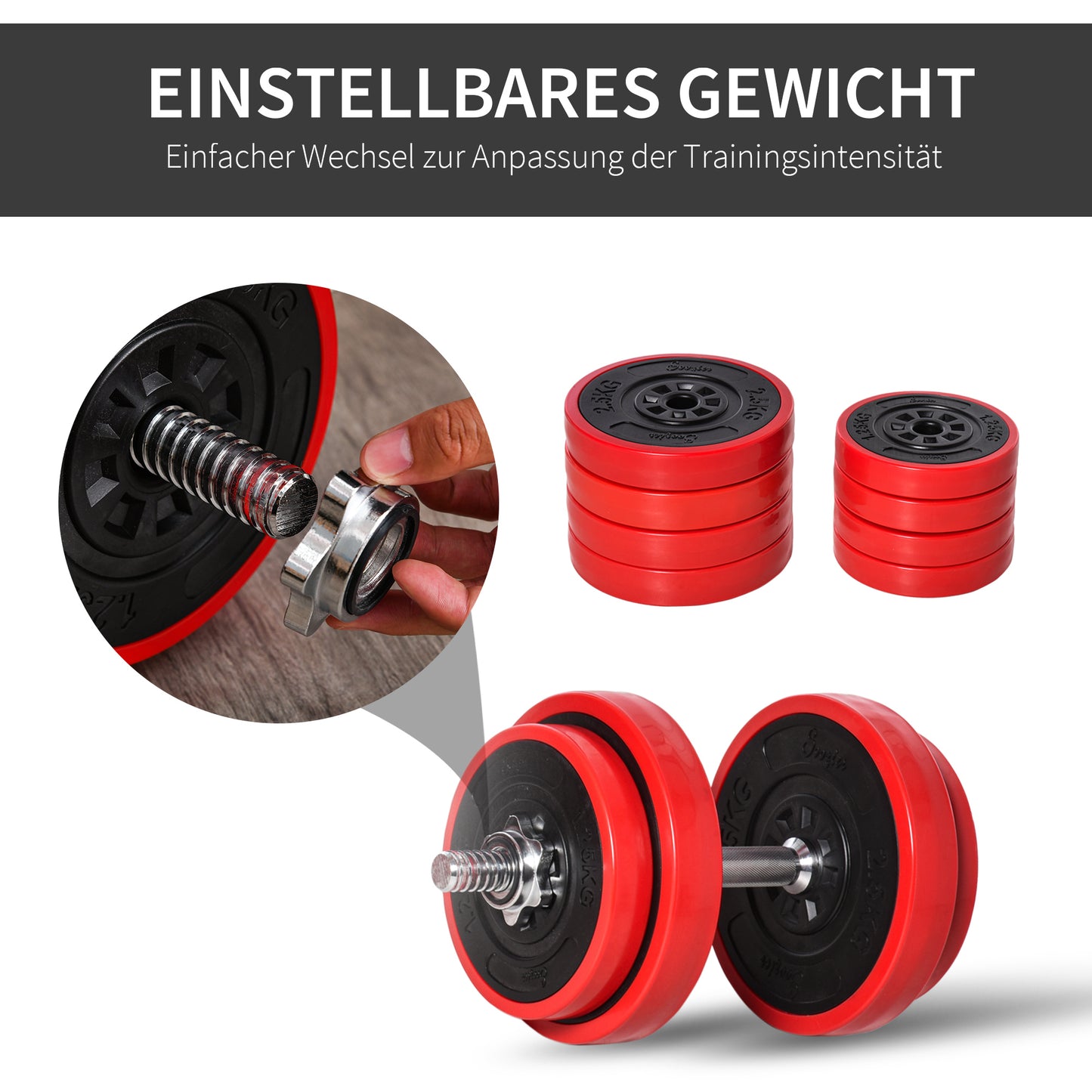 HOMCOM Hantelset 20/30KGS 2-IN-1 Hanteln&Langhanteln verstellbar Gewichtheben für Zuhause Fitness Muskel Rot+Schwarz 21,5 x 21,5 x 3,8 cm