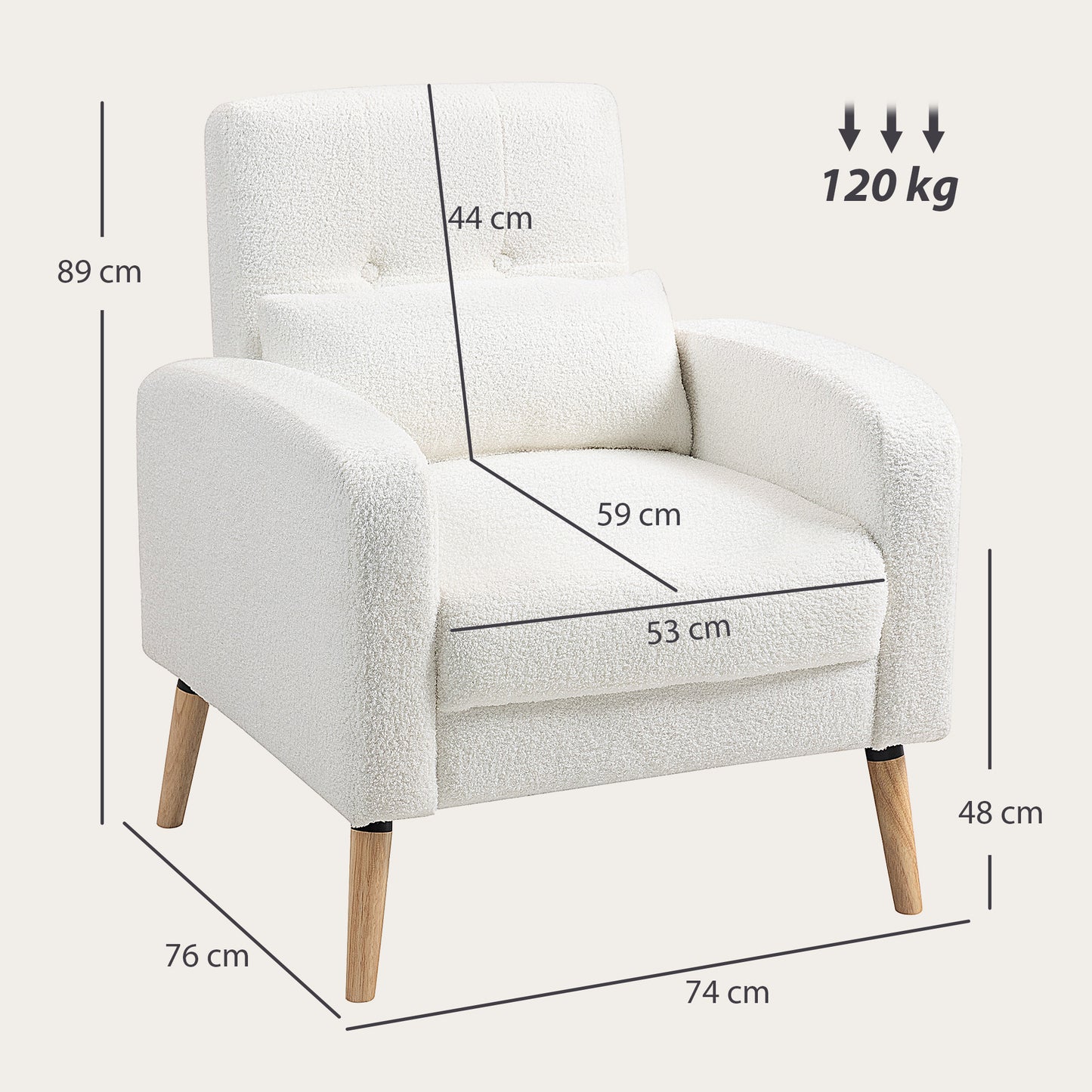 HOMCOM Moderner Armlehnstuhl, Polstersessel mit Kautschukholzbeinen, Lendenkissen, für Wohnzimmer, Schlafzimmer, Büro, Weiß