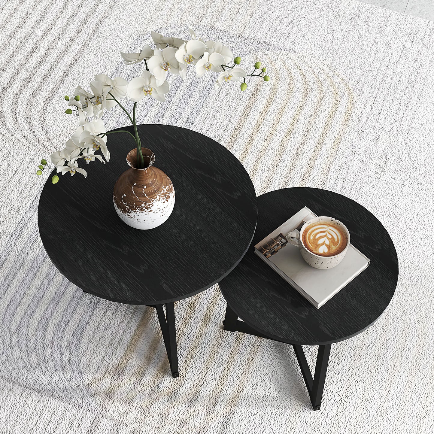 HOMCOM Moderner Couchtisch als 2er-Set, Metallrahmen, MDF, Rundes Design, ineinander verschiebbar, Schwarz