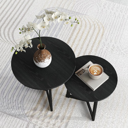 HOMCOM Moderner Couchtisch als 2er-Set, Metallrahmen, MDF, Rundes Design, ineinander verschiebbar, Schwarz