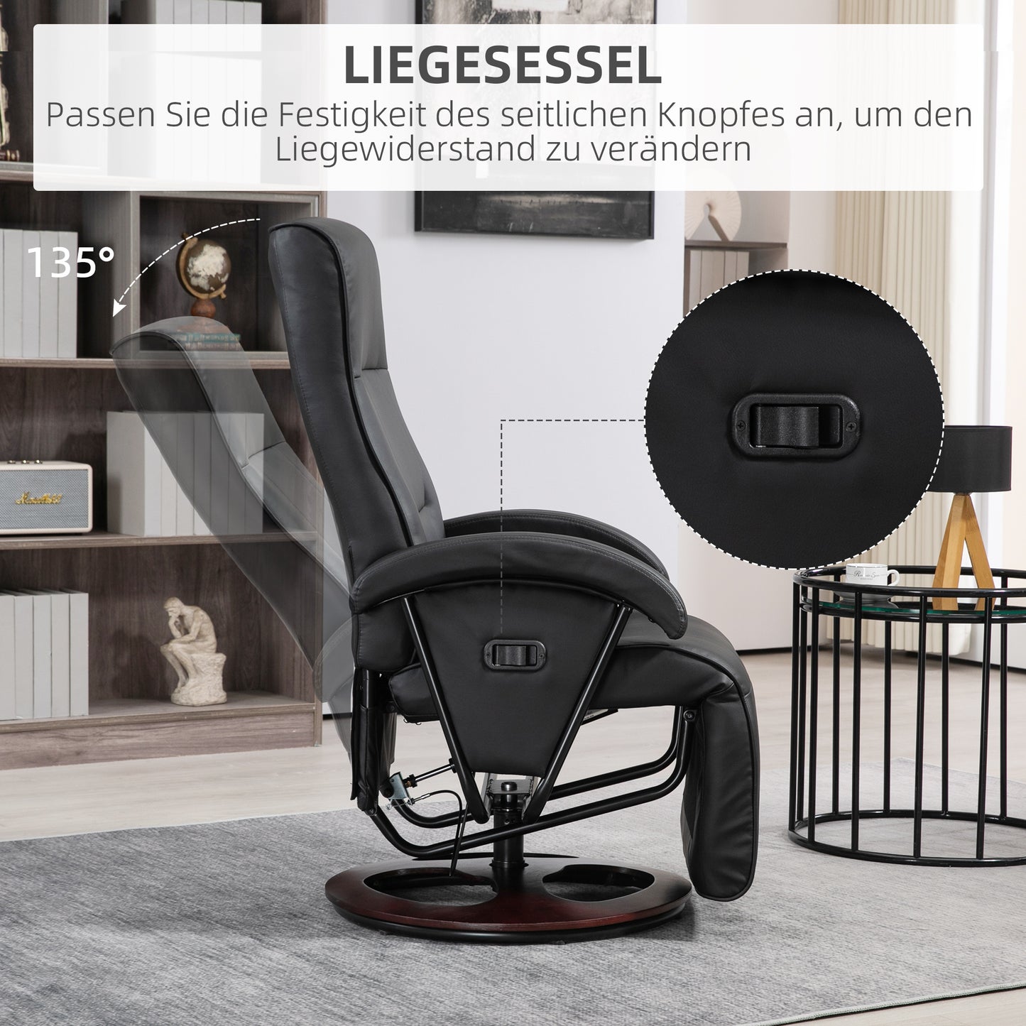 HOMCOM Drehbarer Polsterstuhl، Kunstleder، Fußstütze، Holzbasis، neigbar، Schwarz