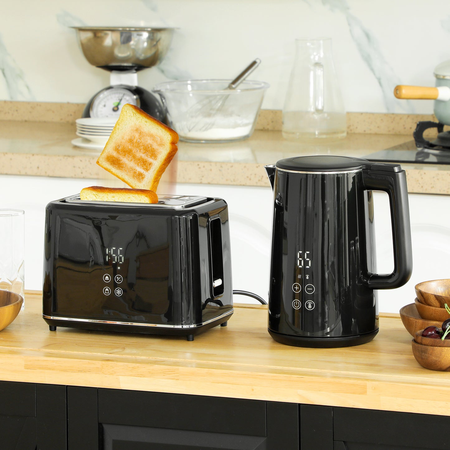 HOMCOM Küchenset mit Wasserkocher und Toaster, 7 Bräunungsstufen, schnelles Kochen, Edelstahl, Kunststoff, Schwarz