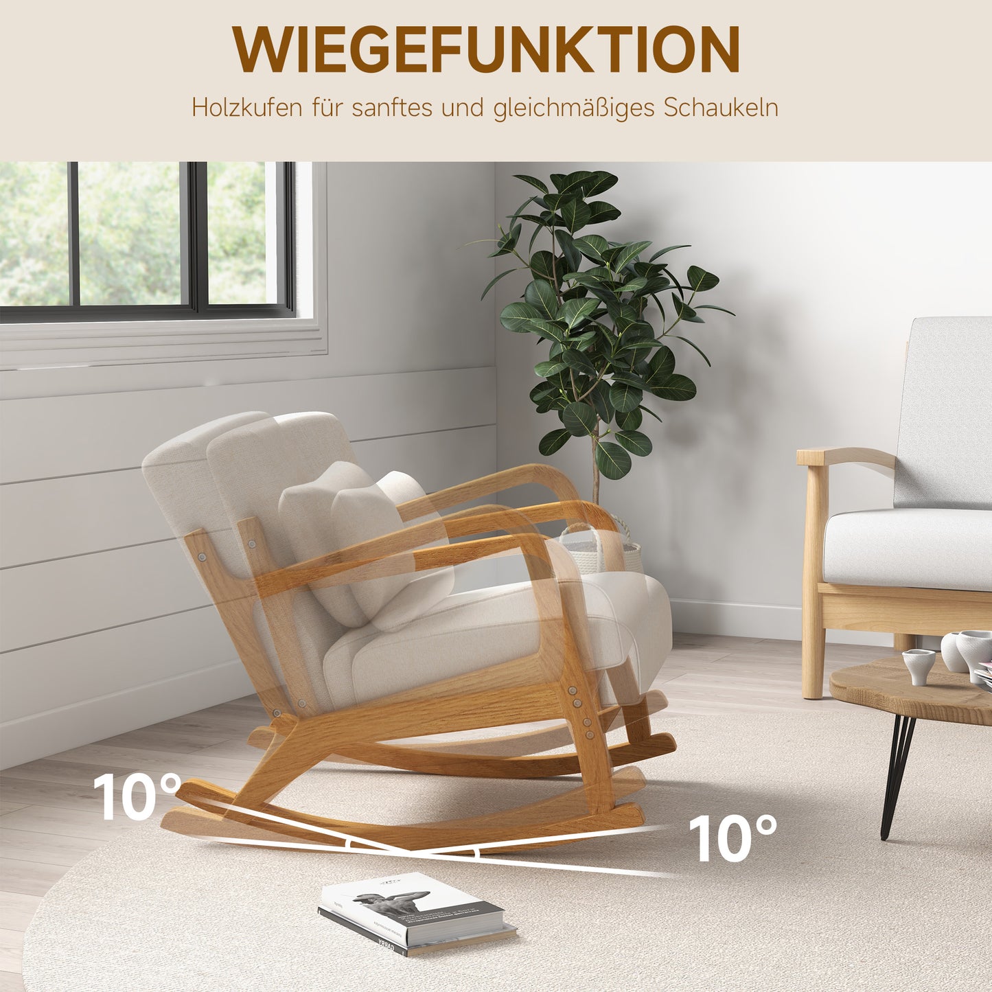 HOMCOM Schaukelstuhl im Retrodesign, Gummibaumholz, 64,5 cm x 92 cm x 81, 5 cm, Beige + Braun