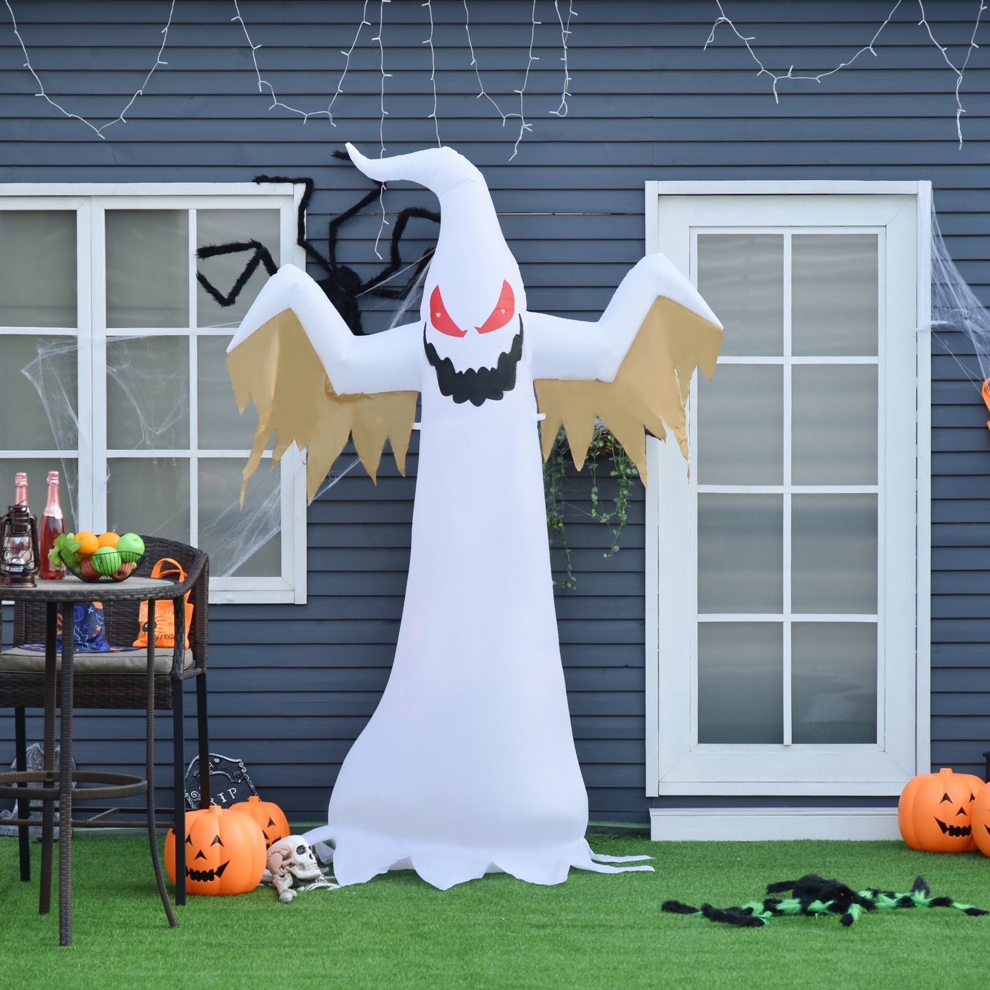 HOMCOM Halloween aufblasbares Gespenst 2,4 m Dekoration mit LEDs IP44 Selbstaufblasender Polyester Weiß + Rot 150 x 80 x 240 cm