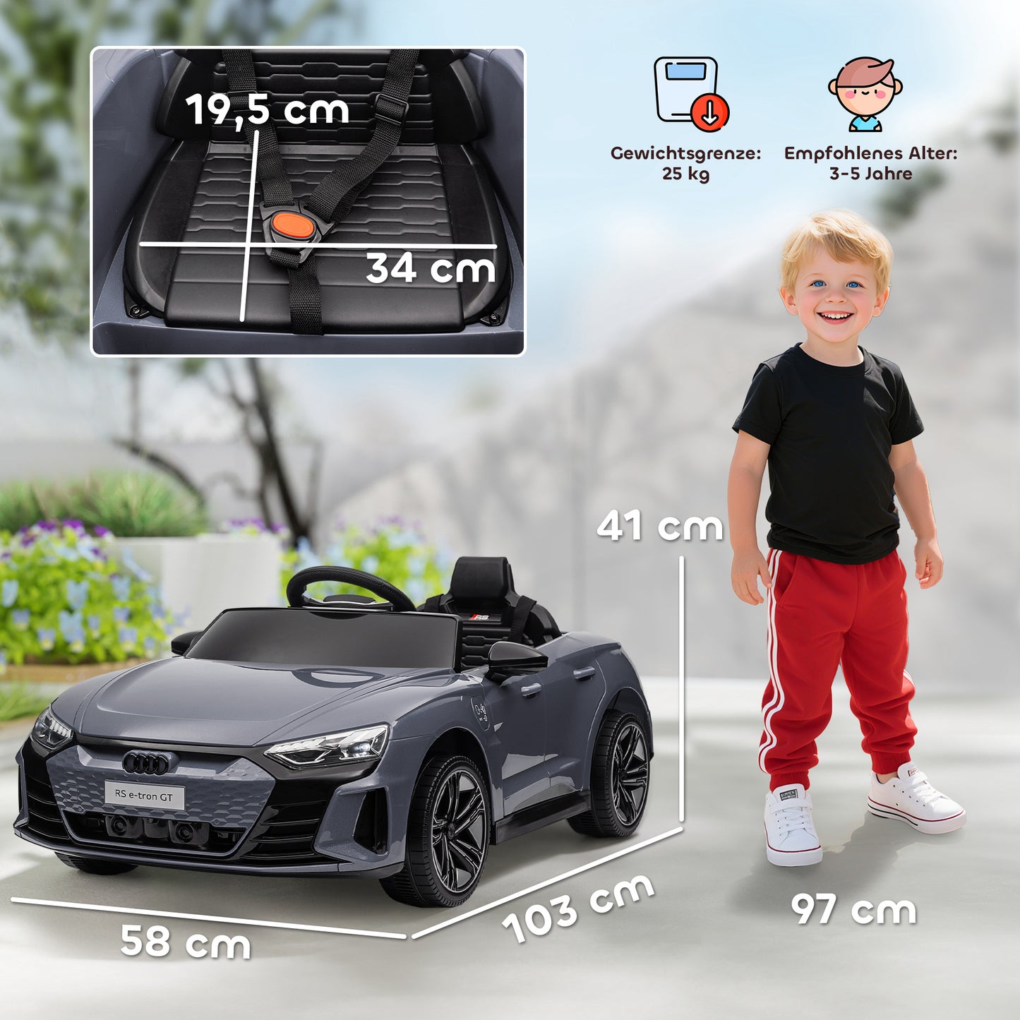HOMCOM Kinder-Elektroauto mit Fernbedienung, Sicherheitsgurt, Hupe, Musik, Scheinwerfer, bis 5 km/h, 3-5 Jahre, Grau