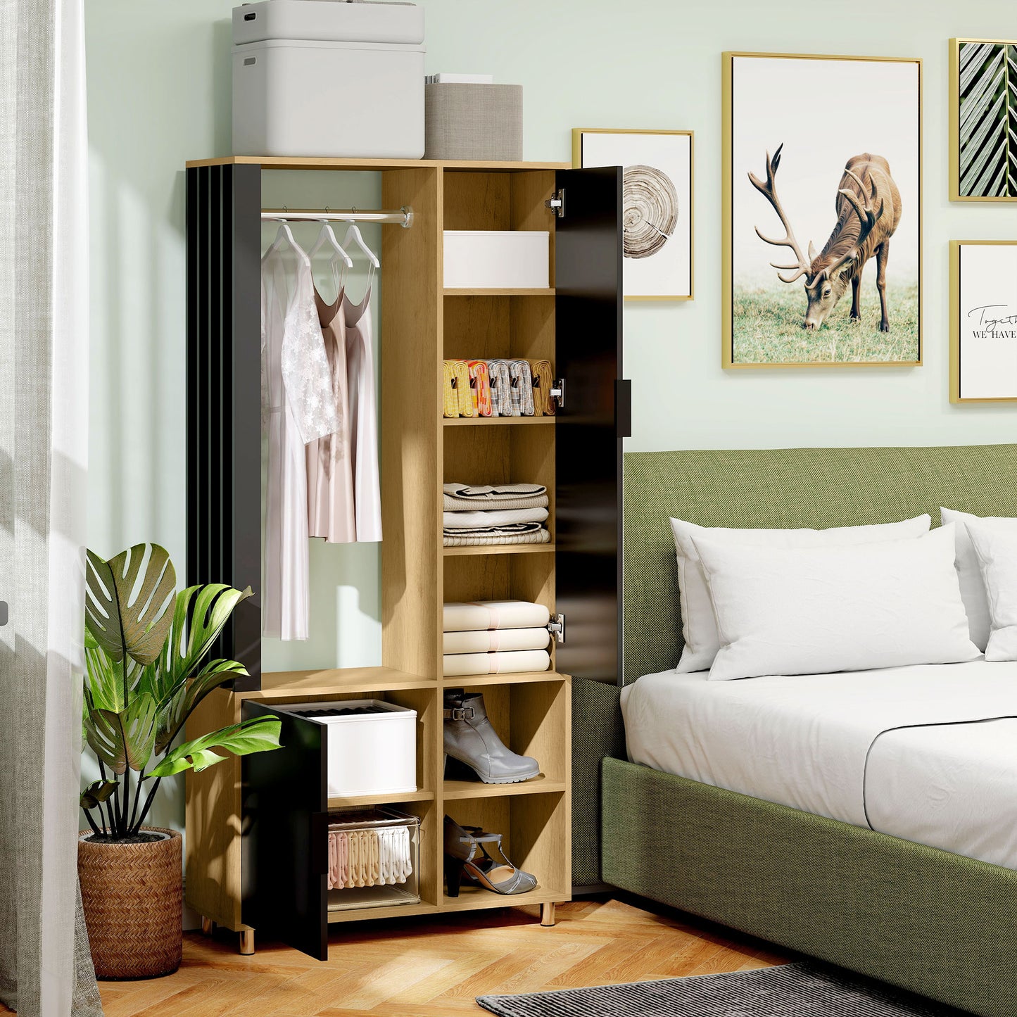 HOMCOM Kleiderschrank mit Spiegel und Hängestange, Aufbewahrungsfächer, offene Ablageflächen, Naturholz, Schwarz