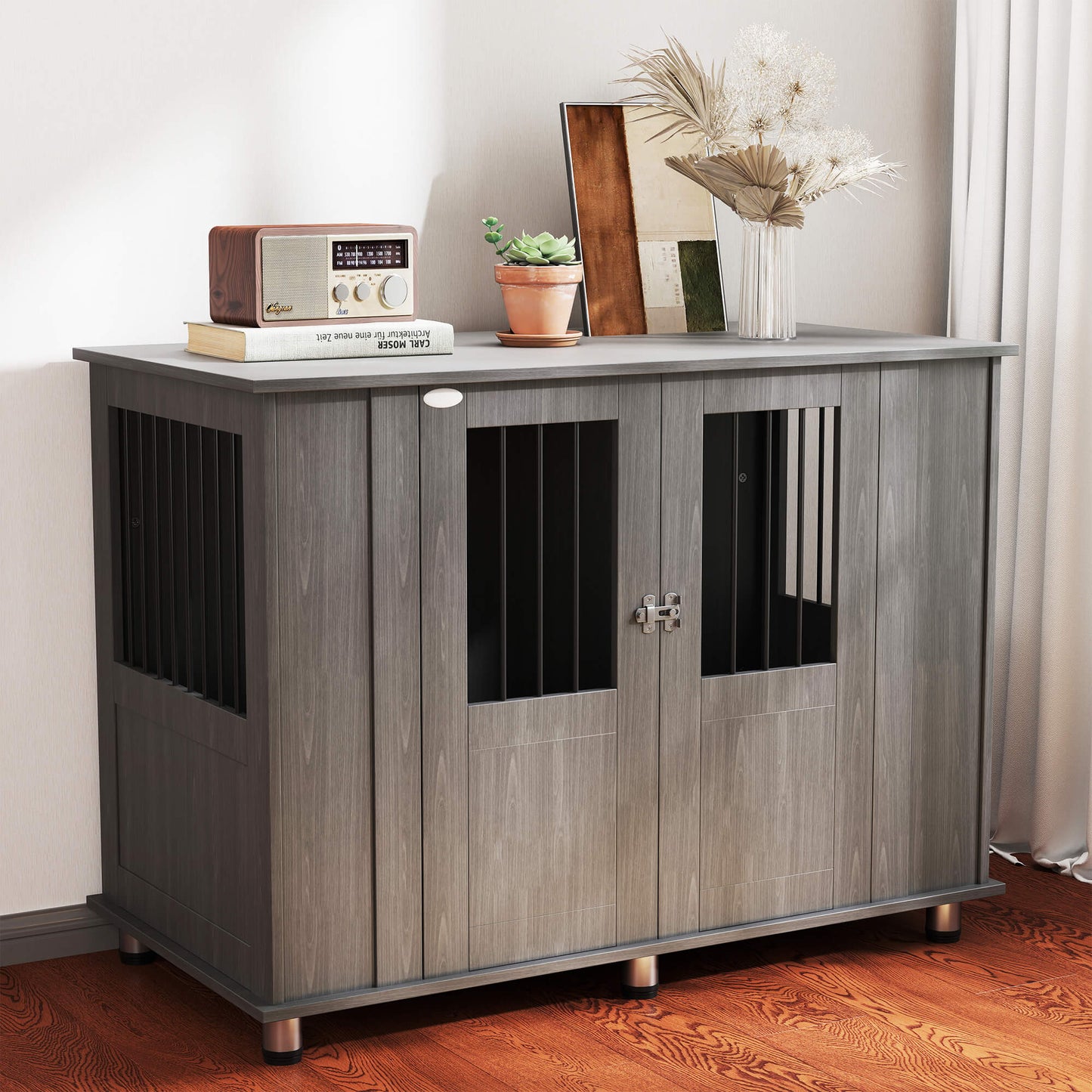 PawHut Hundekäfig Hundebox, 2 Türen, inkl. Verriegelung,116 cm x 60 cm x 87 cm, Grau