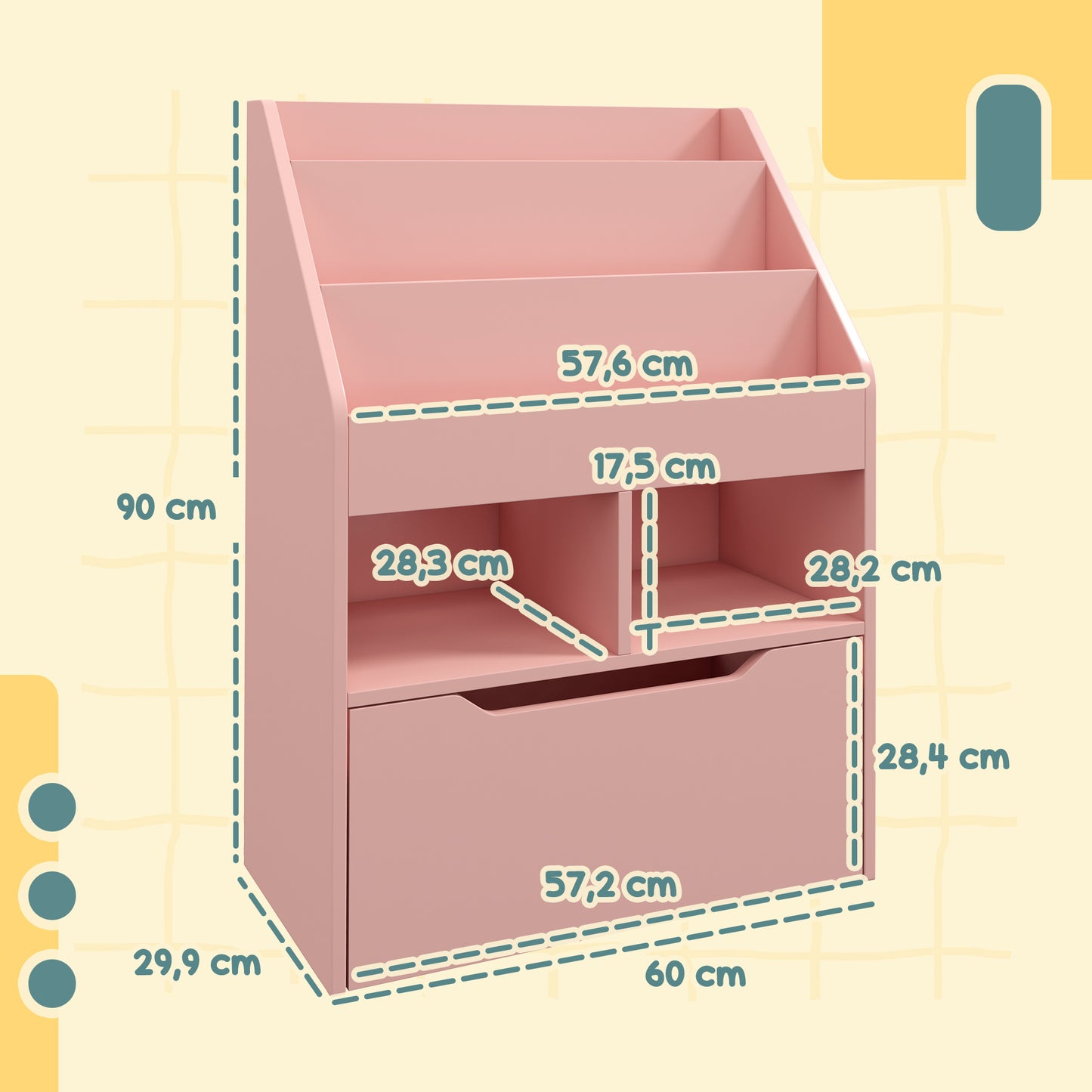 HOMCOM Kinderregal mit Schublade, Bücherregal mit Fächern, 60 x 29,9 x 90 cm, Rosa