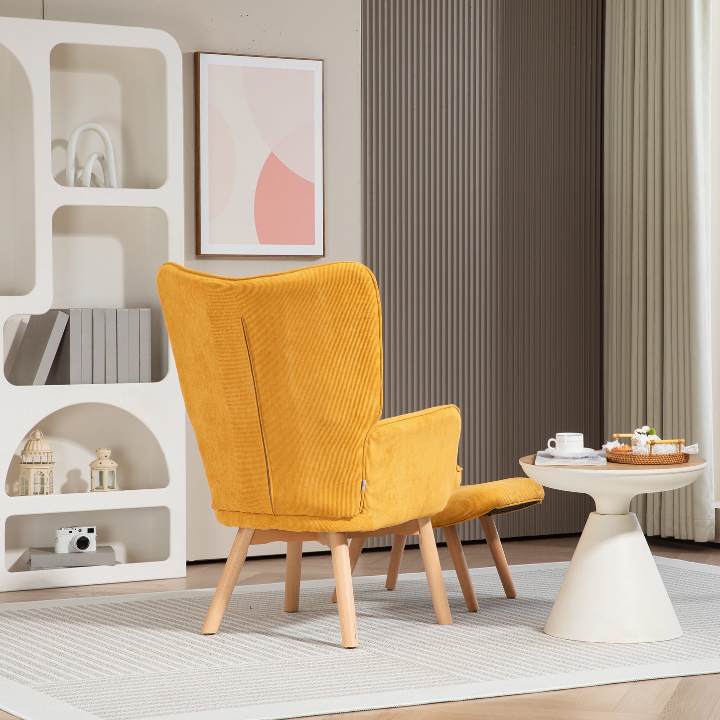HOMCOM Akzentsessel mit Hocker, Relaxsessel in Cord-Optik, Armlehnstuhl mit Holzbeinen, für Wohnzimmer, Orange