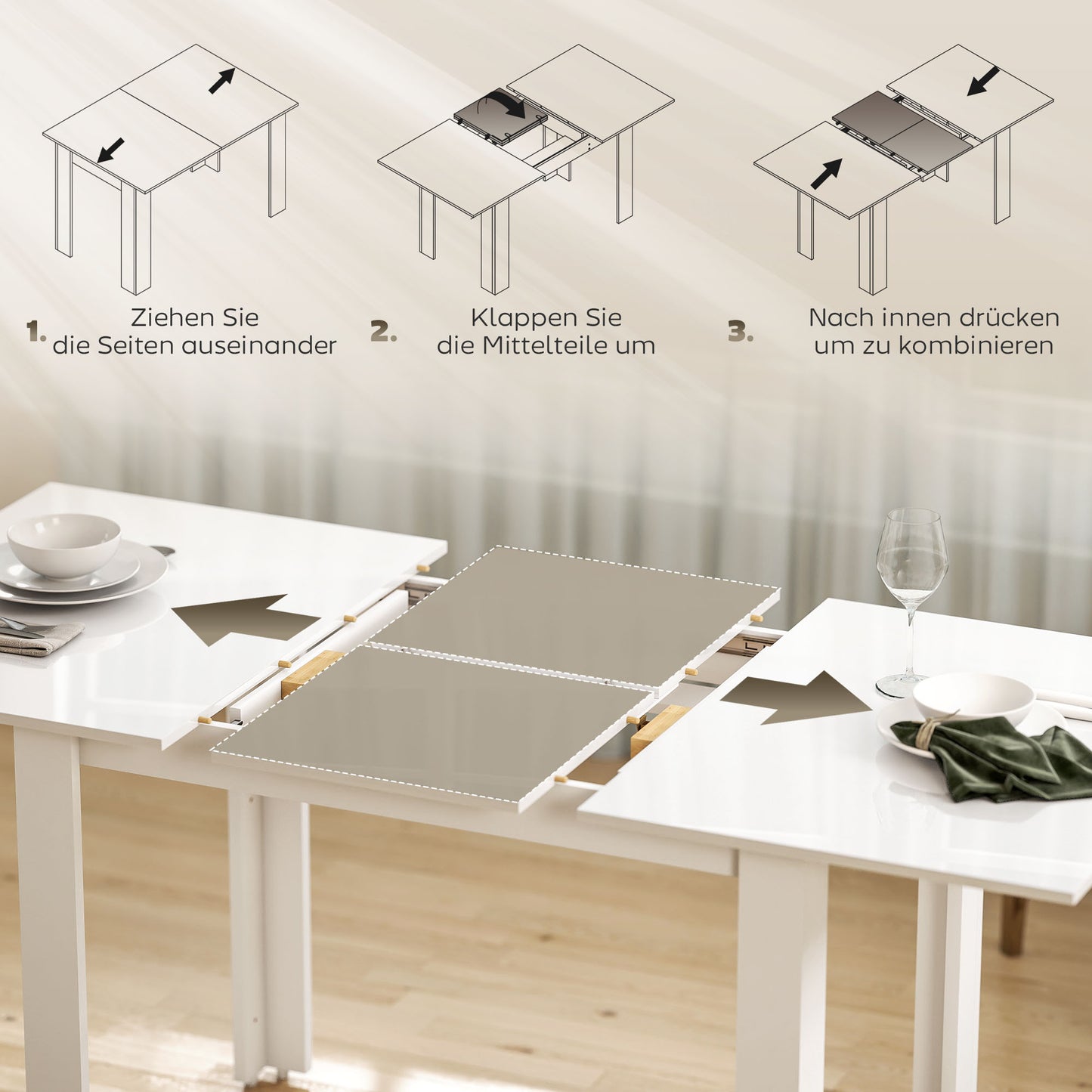 HOMCOM Ausziehbarer Esstisch, 120-160 x 70 cm, verstellbarer Küchentisch für 4-6 Personen, MDF, Hochglanzweiß