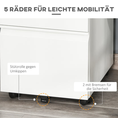 HOMCOM Rollcontainer mit 3 Schubladen mobiler Aktenschrank mit Rollen abschließbar Büroschrank mit konkavem Griff, Schubladenschrank für Büro, Homeoffice, 39 x 48 x 60 cm, Weiß