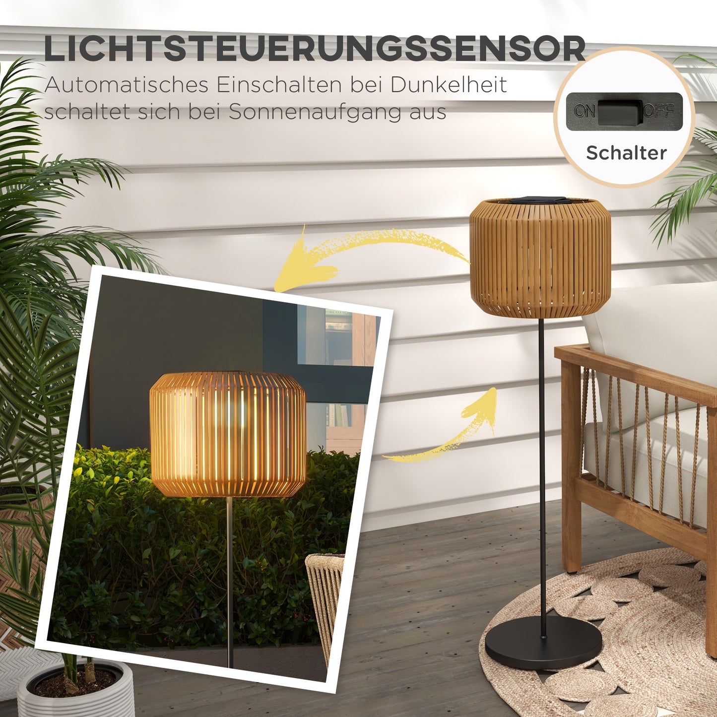 Outsunny Rattan Außenleuchte, Solar Gartenlampe, Einschaltautomatik, LED, wetterfest, Metallrahmen, Ø34 x 130cm, Schwarz/Gelb