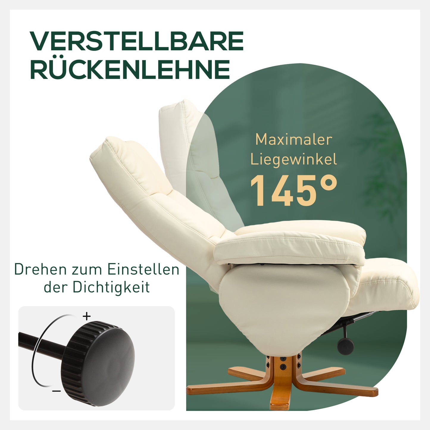 HOMCOM Relaxsessel mit Hocker, 145° neigbare Rückenlehne, 360° drehbar, Kunstleder, Cremeweiß