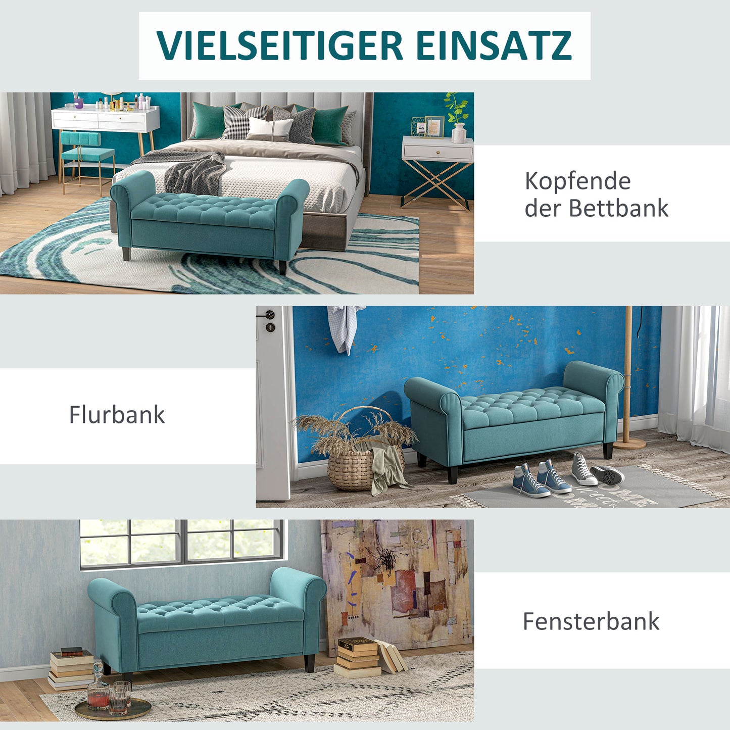 HOMCOM Sitzbank im Vintage-Design, Sitzbank mit Stauraum, Samtoptik, Grün