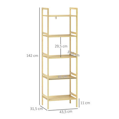 HOMCOM Bambus-Badezimmerregal mit 5 Ebenen, Aufbewahrungsregal mit verstellbaren Regalböden, 43,5 x 31,5 x 142 cm, Naturholz