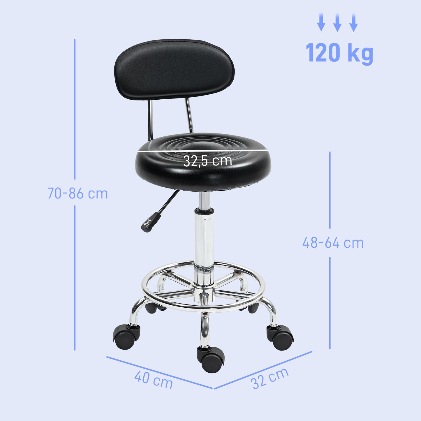 HOMCOM Rollhocker, Drehbarer und verstellbarer Hocker mit Rückenlehne, Kunstlederbezug, Fußstütze, für Frisiertische, Schwarz