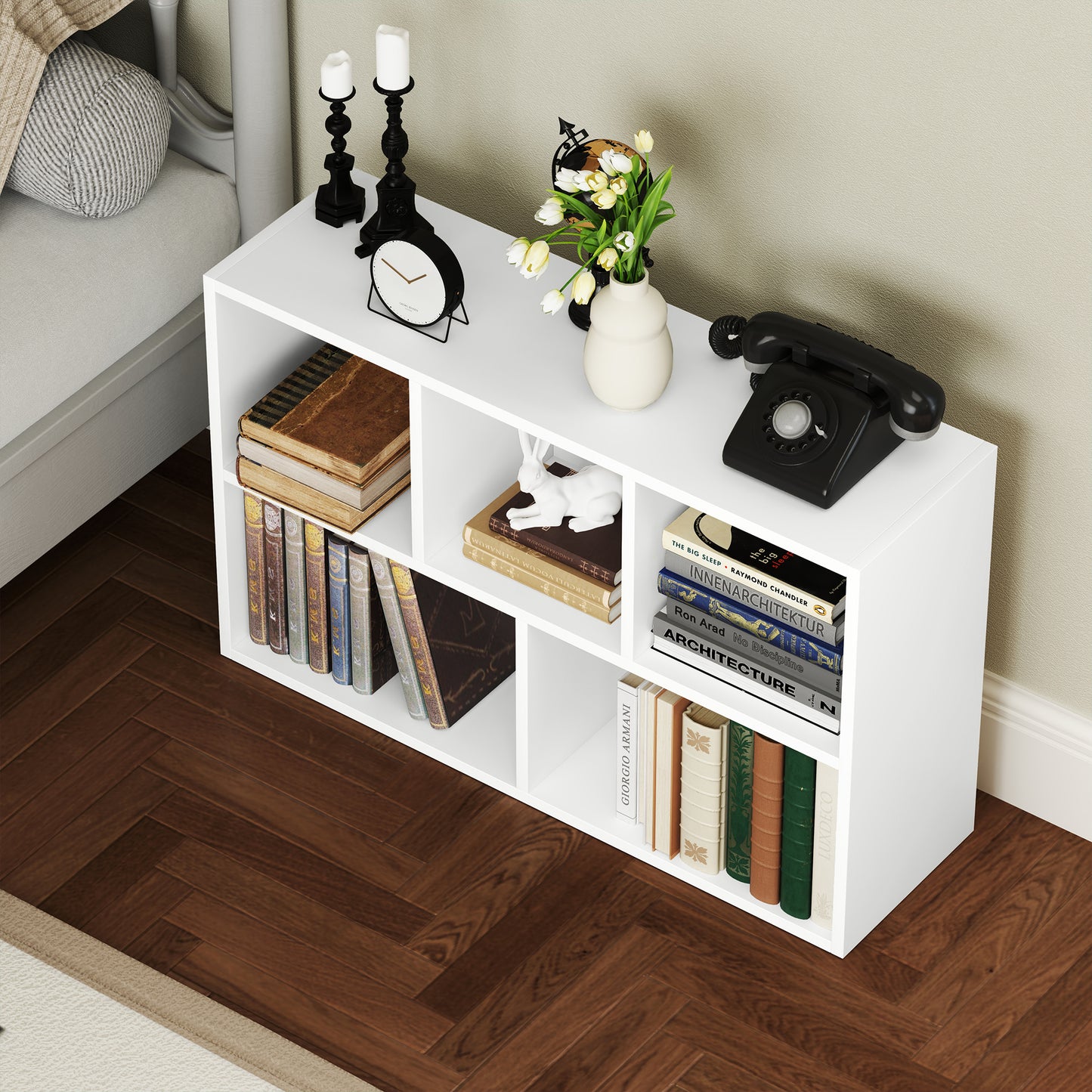 HOMCOM 2-Ebenen-Bücherregal, 5 Fächer, Spanplatte, Aufbewahrungsregal, Weiß