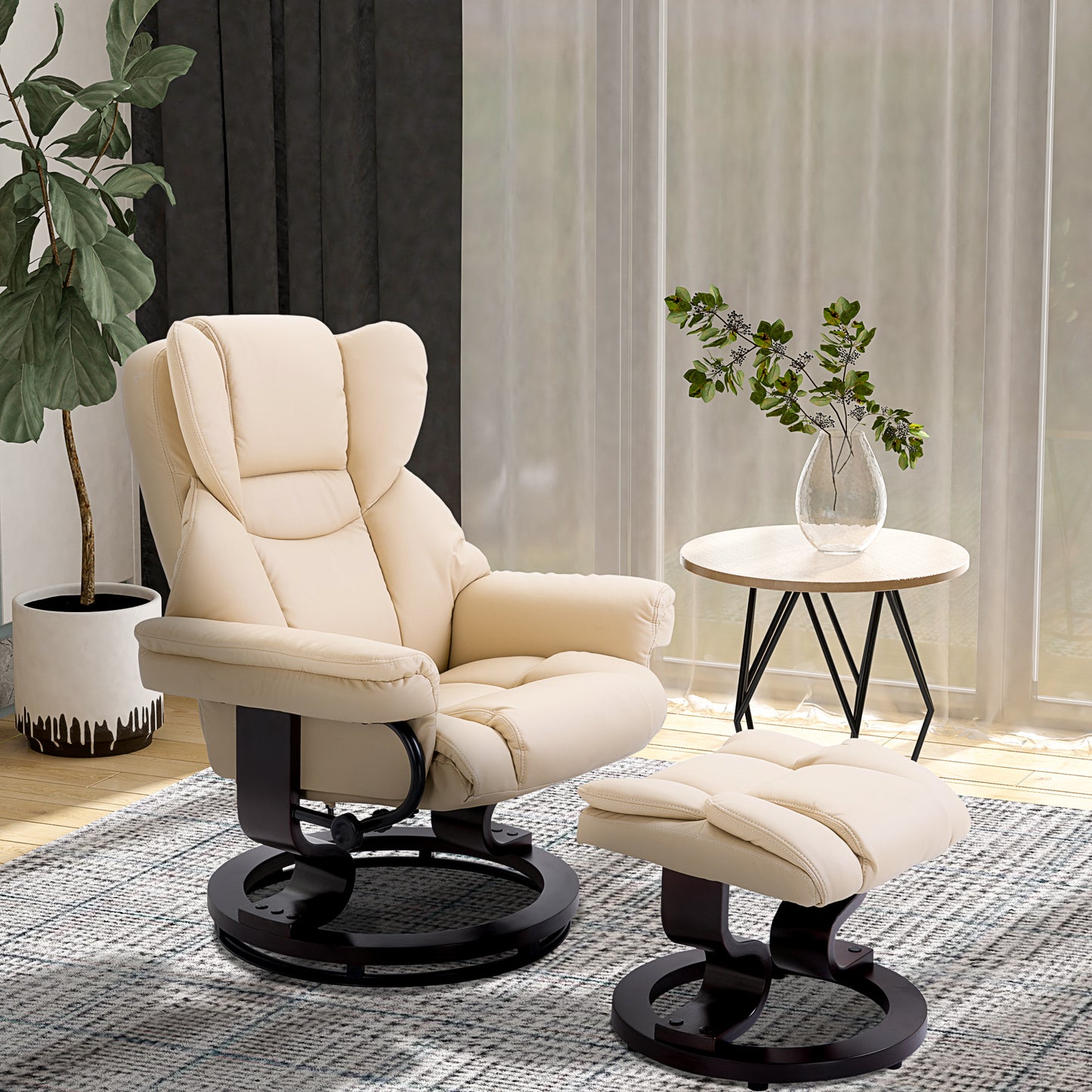 HOMCOM Relaxsessel mit Hocker, Liegefunktion, drehbar, bis 160 kg, Kunstleder, Metallrahmen, creme, 80 x 79 x 100 cm