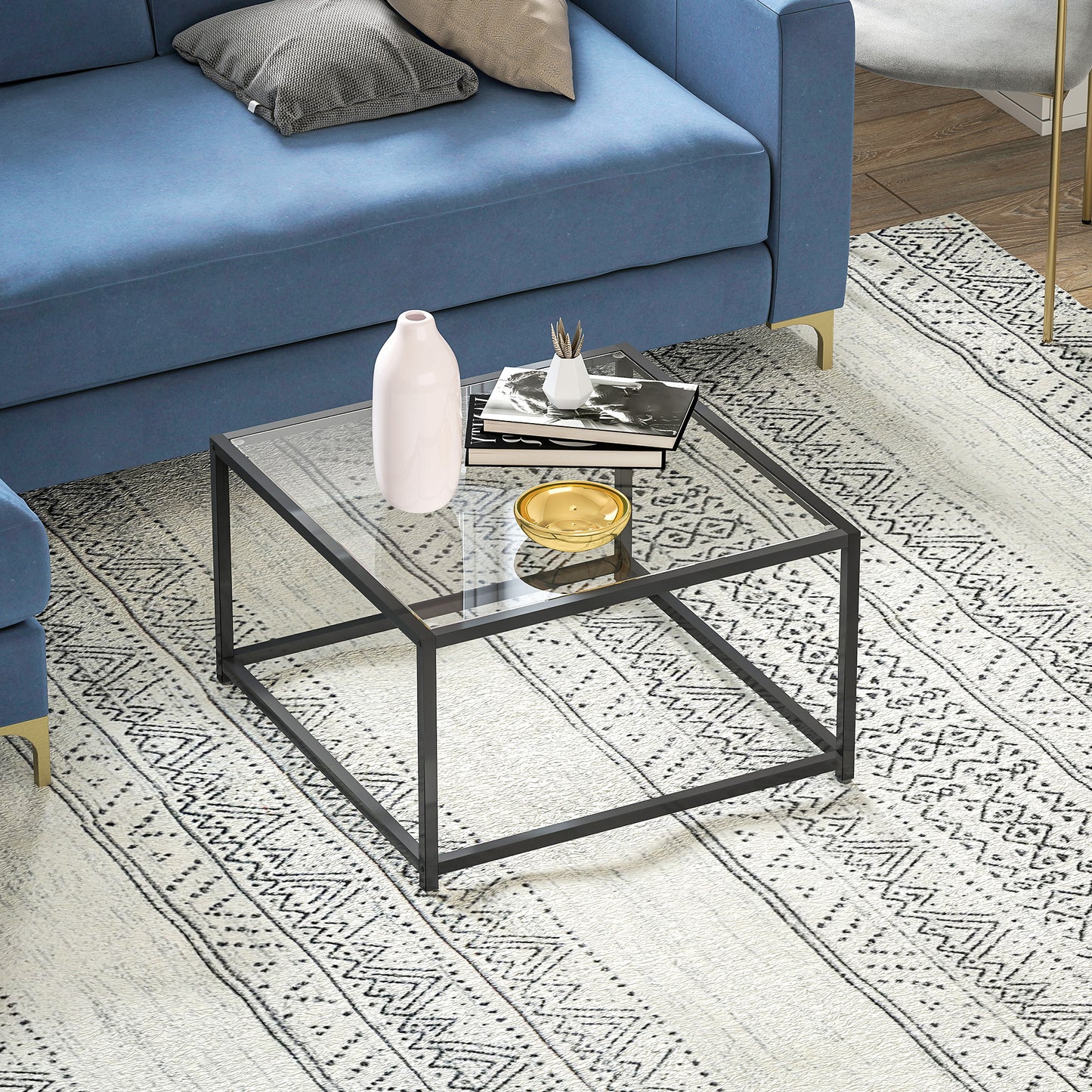 HOMCOM Beistelltisch Quadratisch Nachttisch mit Hartglas-Tischplatte, Couchtisch mit Beinen aus Stahl 68 x 68 x 39 cm Schwarz