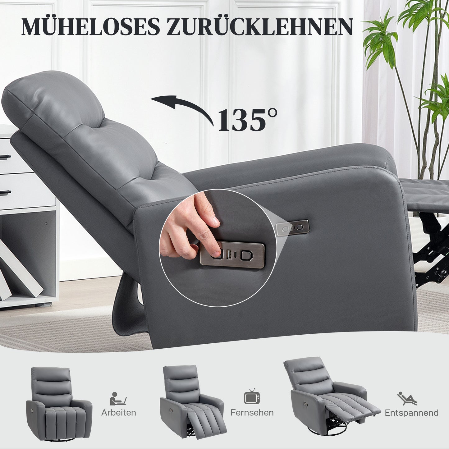 HOMCOM Relaxsessel, Polstersessel mit Liegefunktion, Fernbedienung, USB-Anschluss, Grau