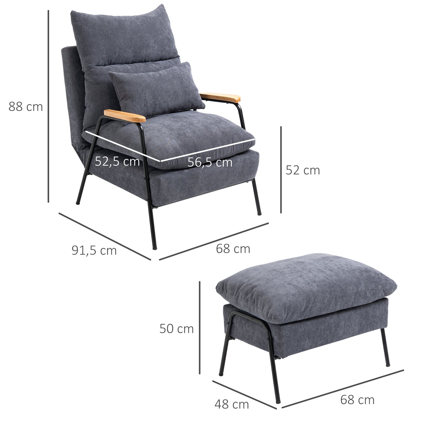 HOMCOM Sessel mit Ottomane, inkl. Kissen, 68 cm x 91,5 cm x 88 cm, Grau