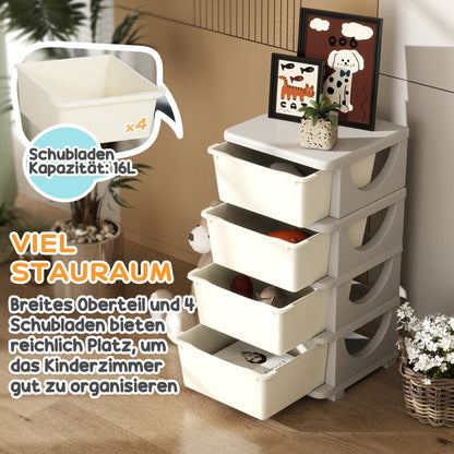 HOMCOM Aufbewahrungsboxen für Kinder, 4 große Schubladen, runde Kanten, Kunststoff, 37x37x76 cm, Cremeweiß