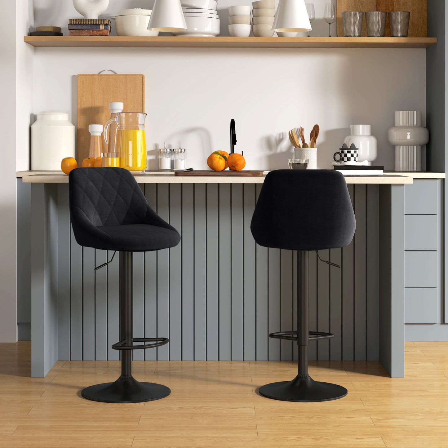 HOMCOM Barhocker 2er Set, Gepolstert Barstuhl mit Stahlgestell, Lehne, Samtoptik, Höhenverstellbar Küchenstühle mit Fußstütze 360° Drehbar Tresenhocker für Küche, Wohnzimmer, Esszimmer Schwarz