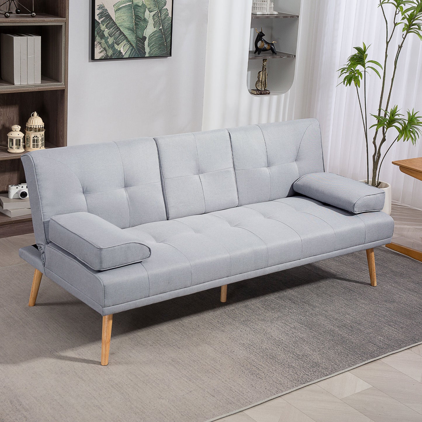 HOMCOM Schlafsofa، 3-Sitzer-Sofa، Bettsofa mit Klappbarem Tisch، Stoffsofa mit Leinenoptik، Schlafcouch mit Becherhalter، im Skandi-Design، bis 250kg Belastbar، Hellgrau