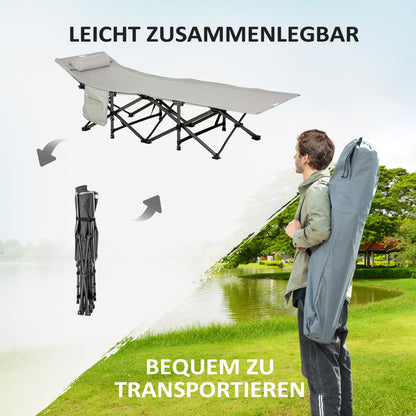Outsunny Feldbett faltbar Campingbett mit Matratze Tragetasche 188 x 64,5 x 53 cm Gästebett bis 150 kg belastbar Campingliege für Erwachsene Klappbett für Outdoor, Garten Camping Reisen Hellgrau