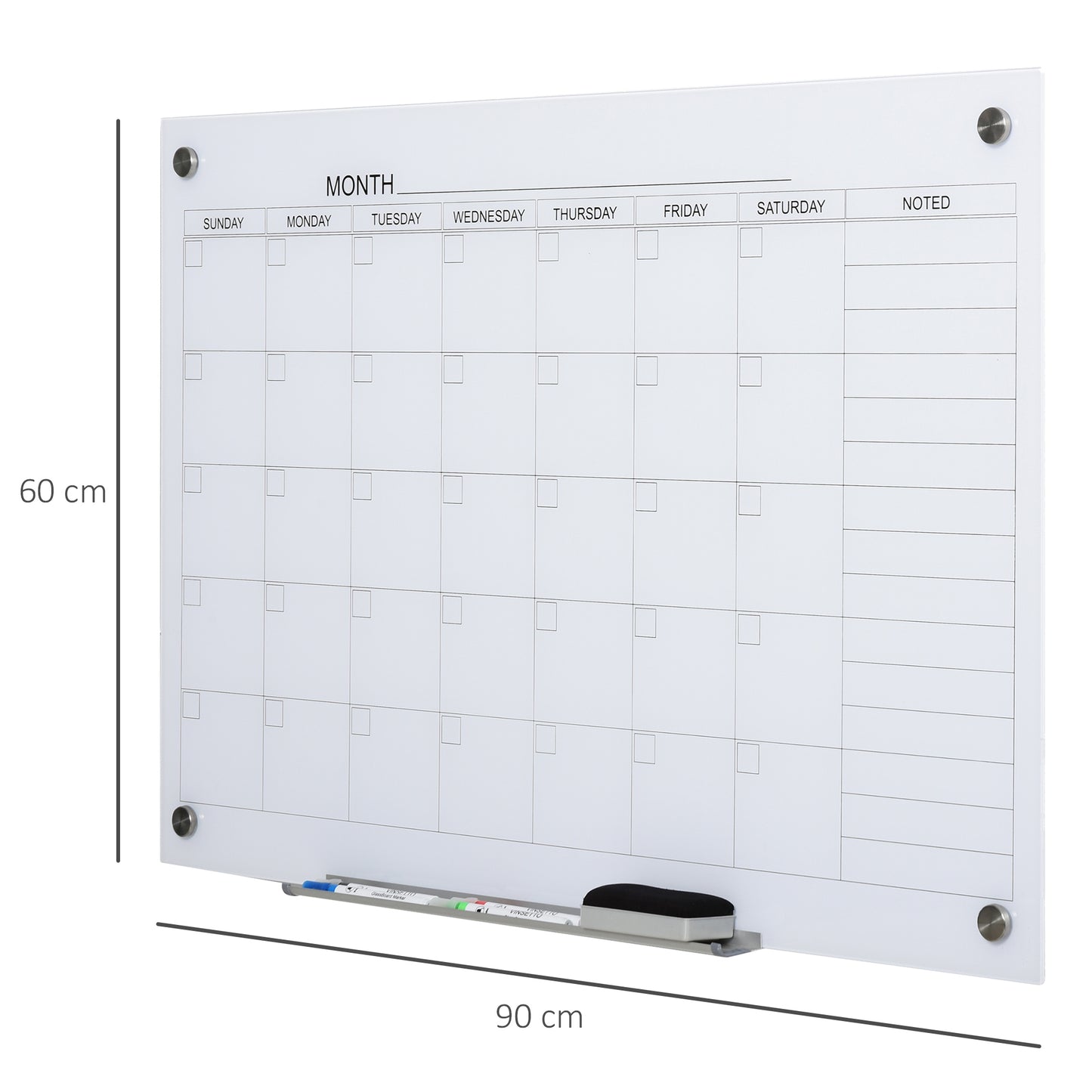 Vinsetto Whiteboard Whiteboard Kalender für Organisation Ferienpläne und Monatsplanungen inkl. 1 Stifthalter, 4 Marker & Radierer 90 x 60 cm