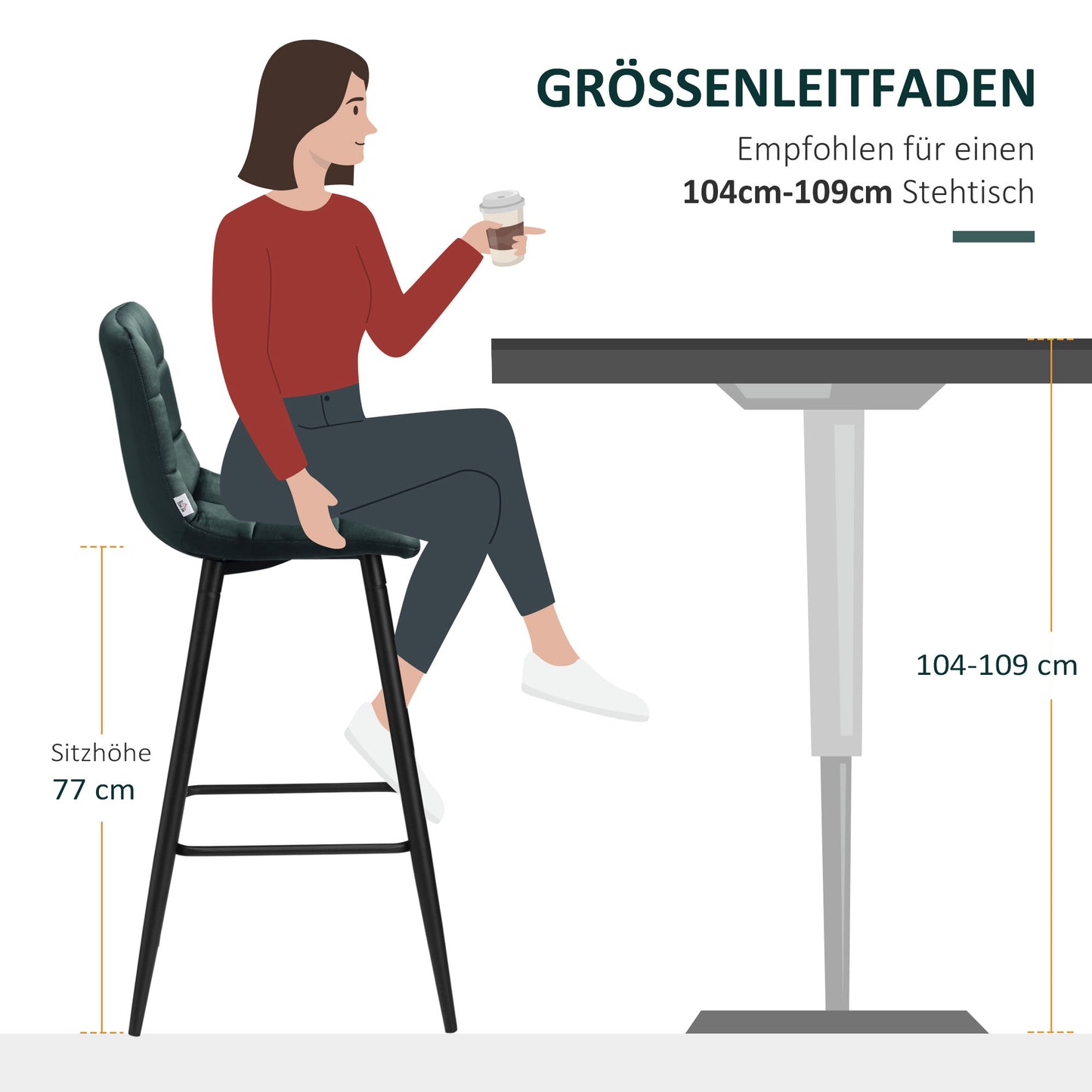 HOMCOM Barhocker 2er-Set, modernes Design, weicher Sitz, Stahlrahmen, 42 x 47 x 105 cm, Grün