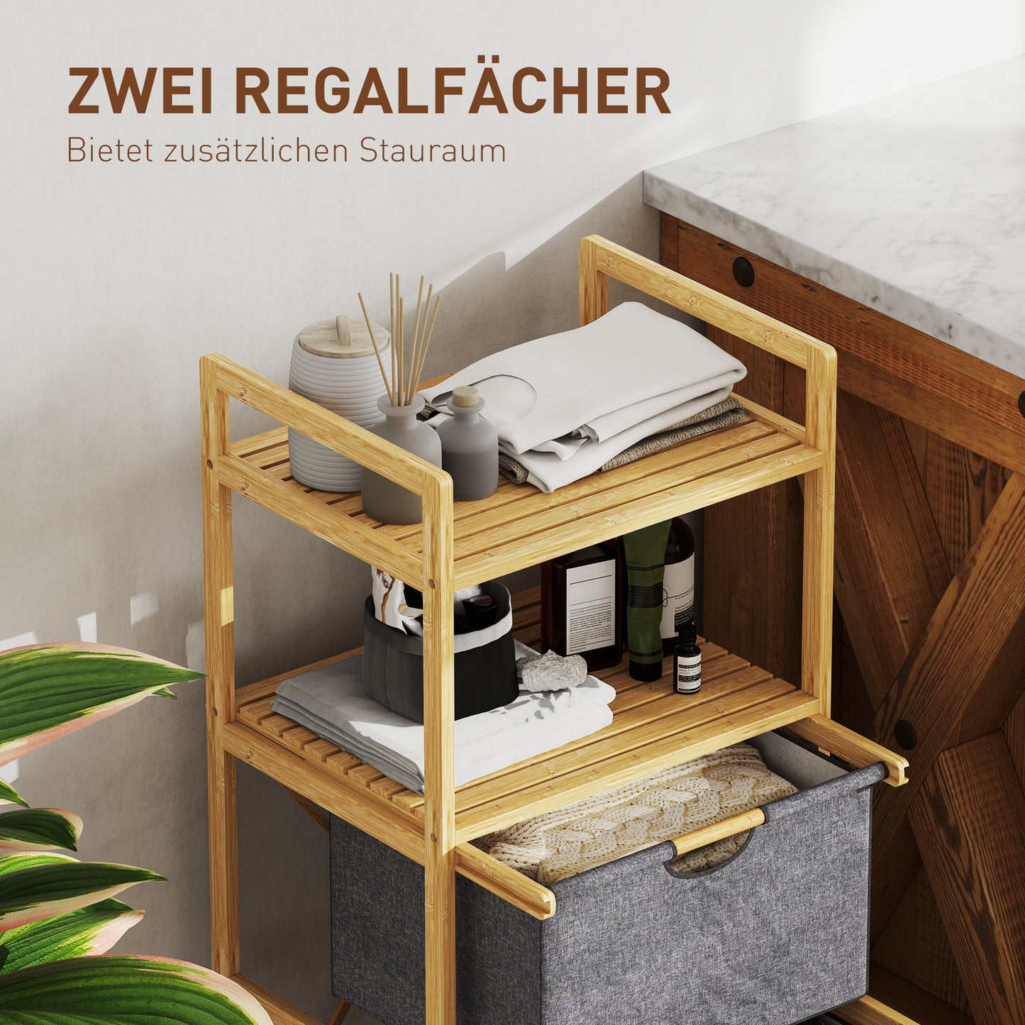 HOMCOM Bambus-Wäscheregal, mit 2 Wäschekörben aus Stoff, offene Ablagen, platzsparend, Naturholz