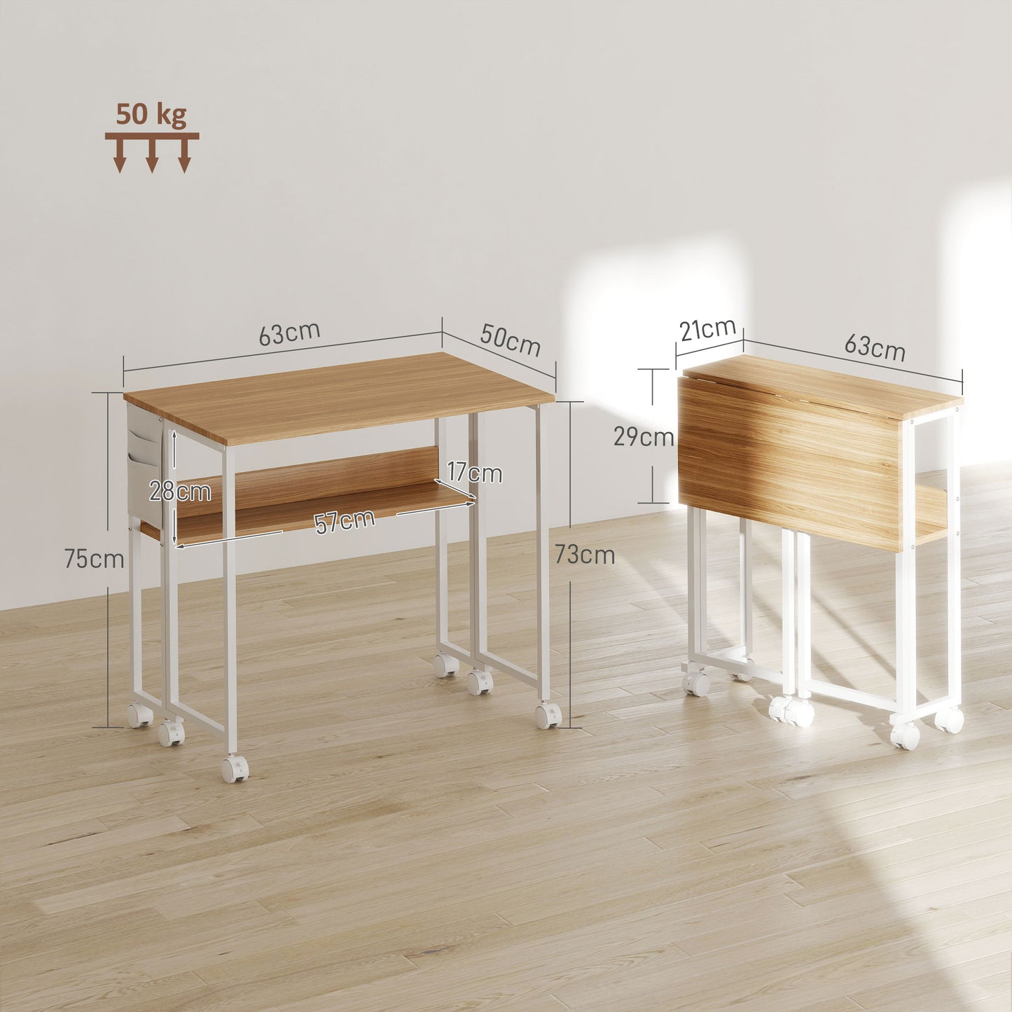 HOMCOM Faltbarer Schreibtisch, zum Beistelltisch umwandelbar, offenes Regal, Natur