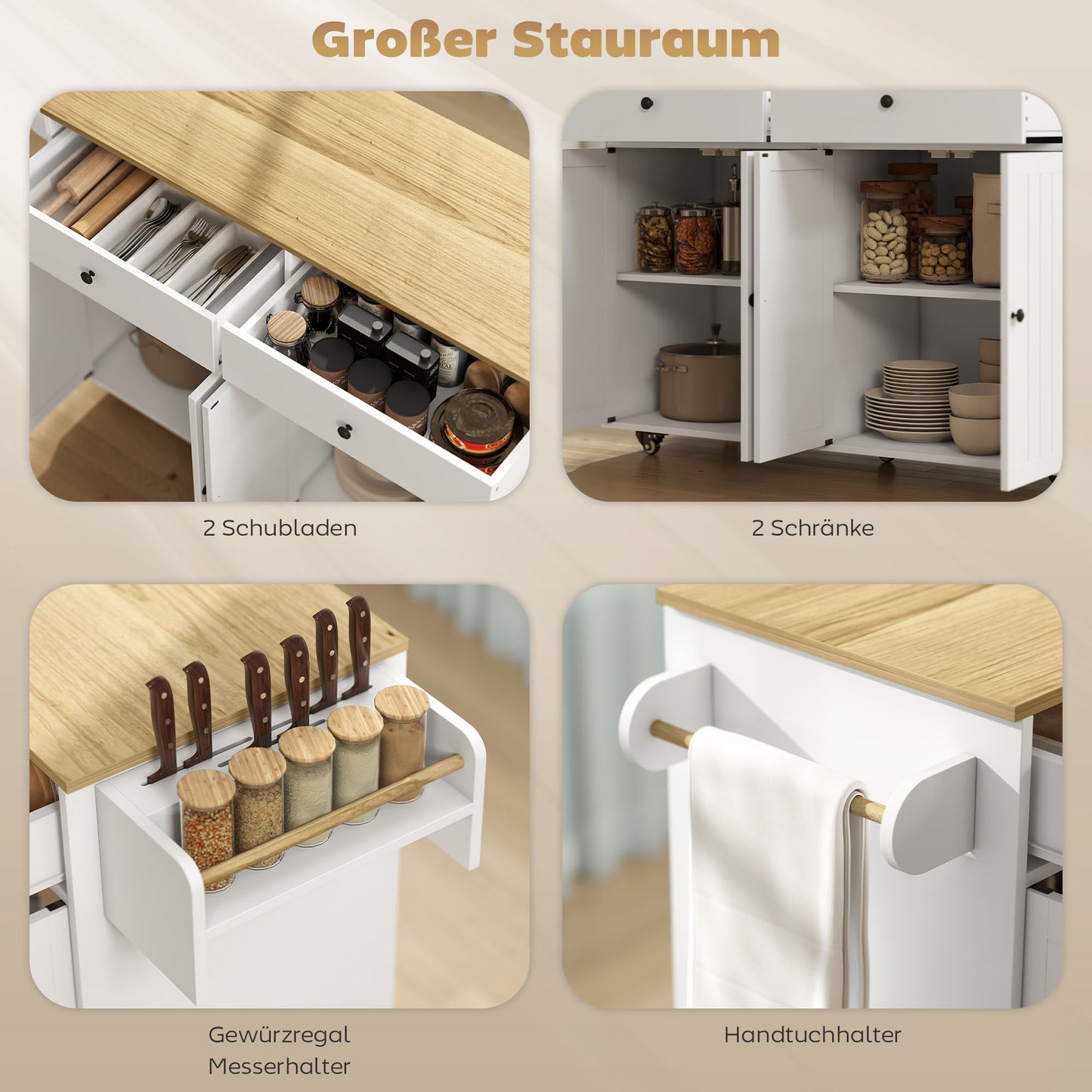 HOMCOM Rollbare Kücheninsel, 2 Schubladen, 2 Schränke, verschiebbar, Gewürzregal, Handtuchhalter, Messerhalter, MDF, Weiß