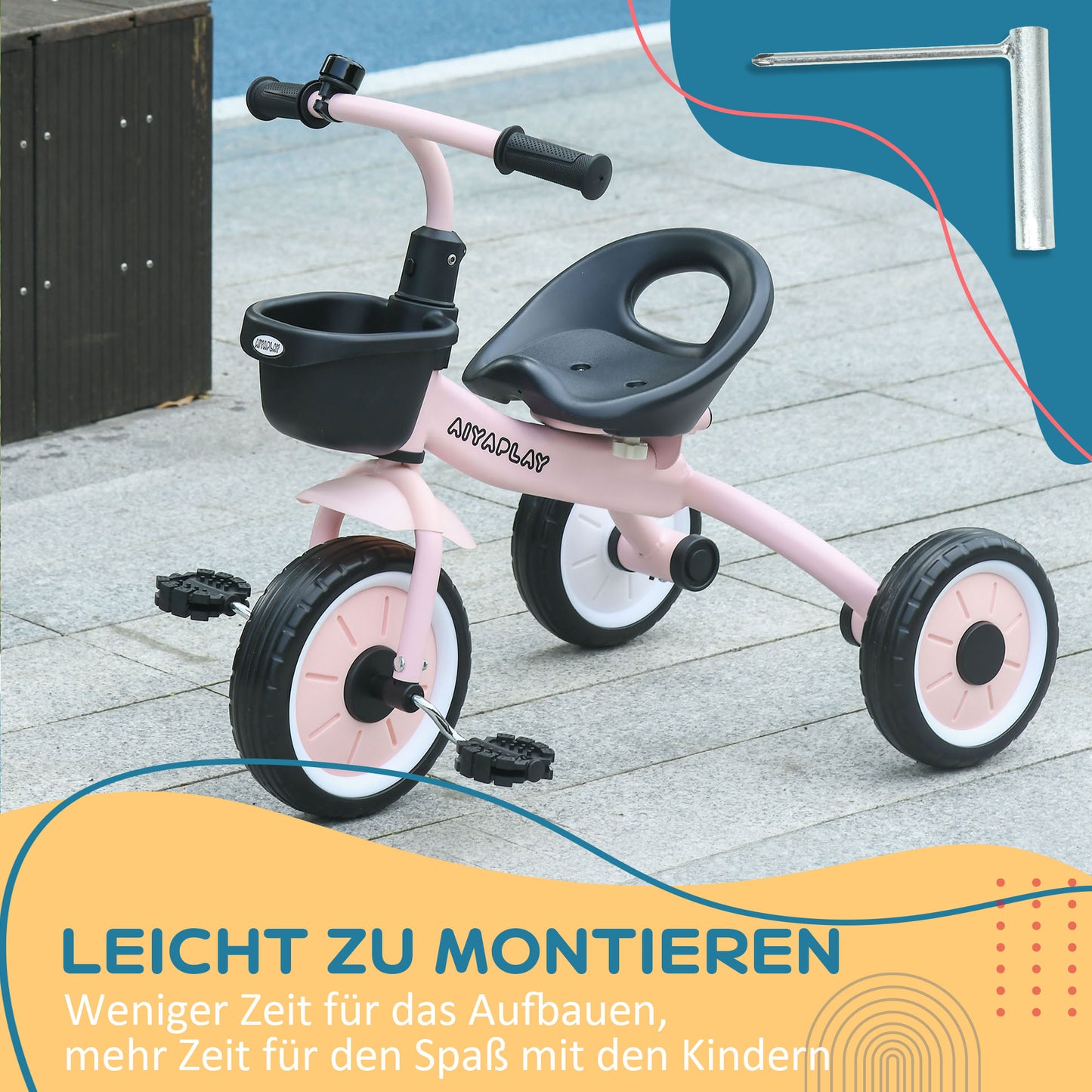 AIYAPLAY Dreirad für Kinder 2-5 Jahre, höhenverstellbarer Sitz, Klingel, Fahrradkorb, Metallrahmen, Rosa