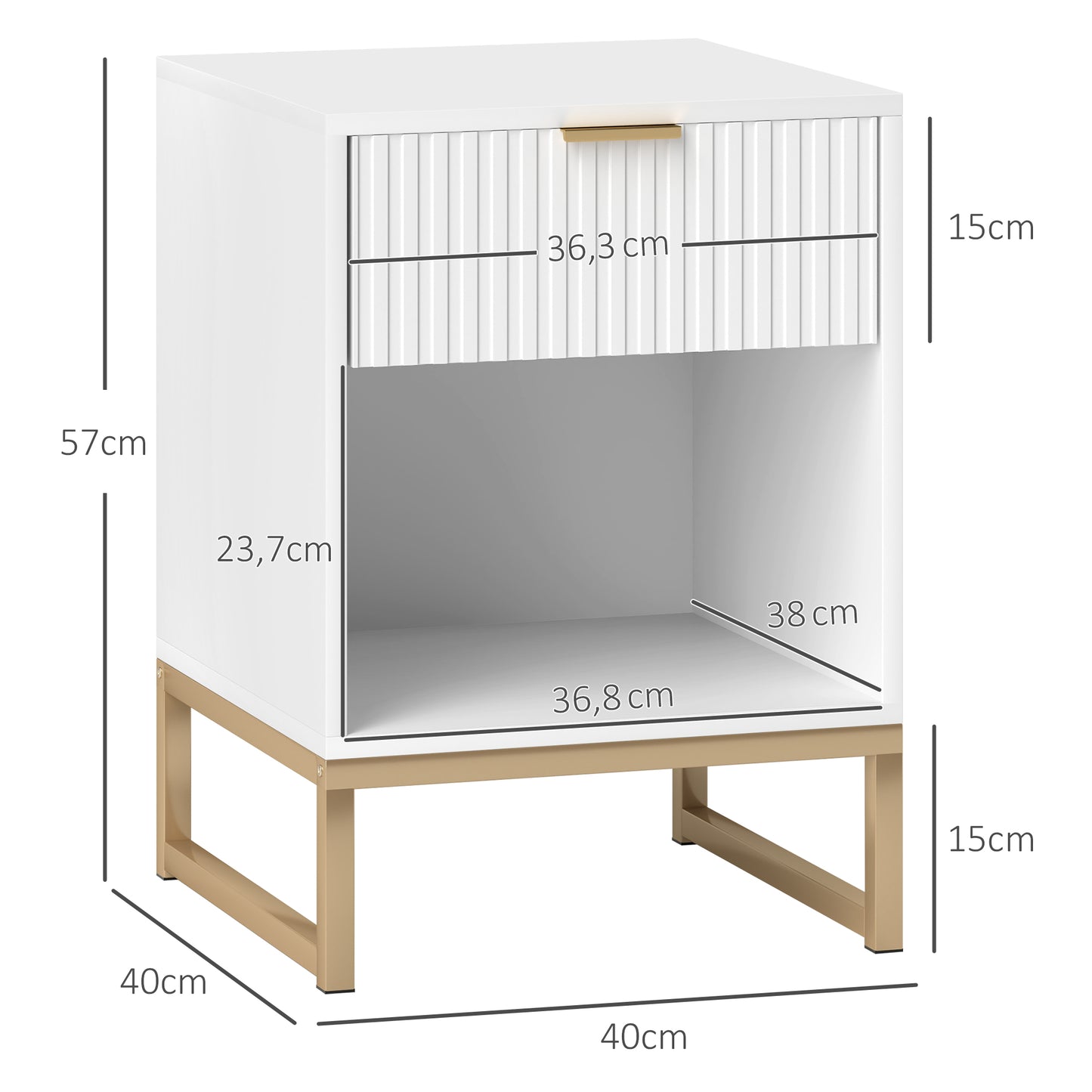 HOMCOM Nachttisch mit Schublade und Regal, Stauraum und Metallbeinen, für Schlafzimmer, Wohnzimmer, Weiß
