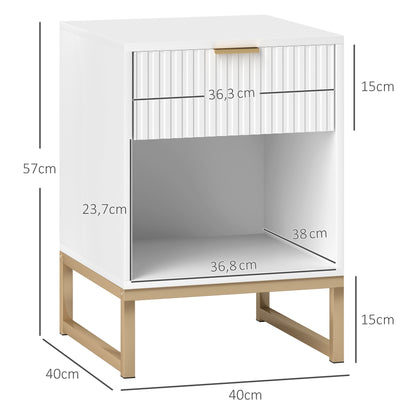 HOMCOM Nachttisch mit Schublade und Regal, Stauraum und Metallbeinen, für Schlafzimmer, Wohnzimmer, Weiß