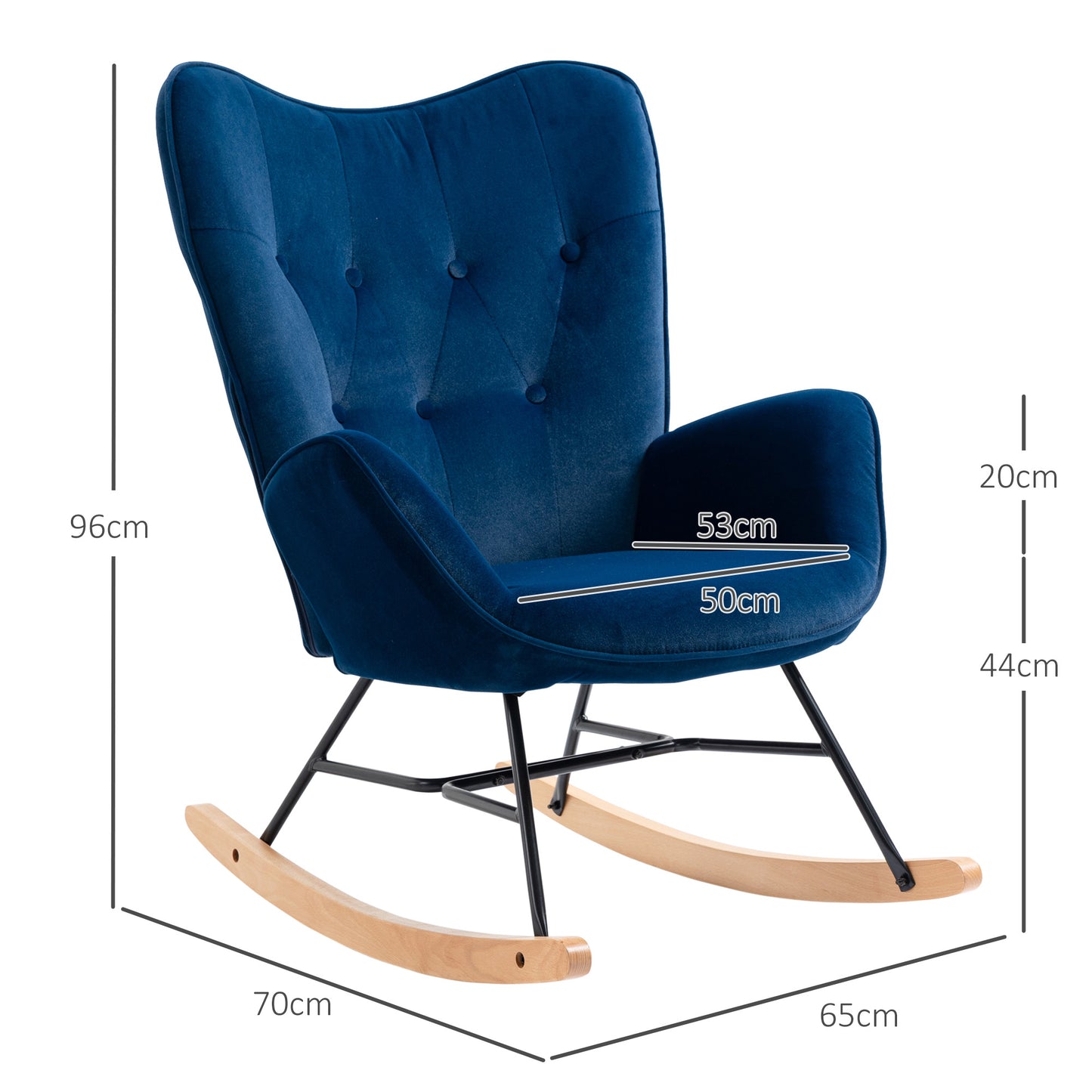 HOMCOM Schaukelstuhl mit Steppung, Holzkufen, Samtoptik, bis 150 kg, Blau