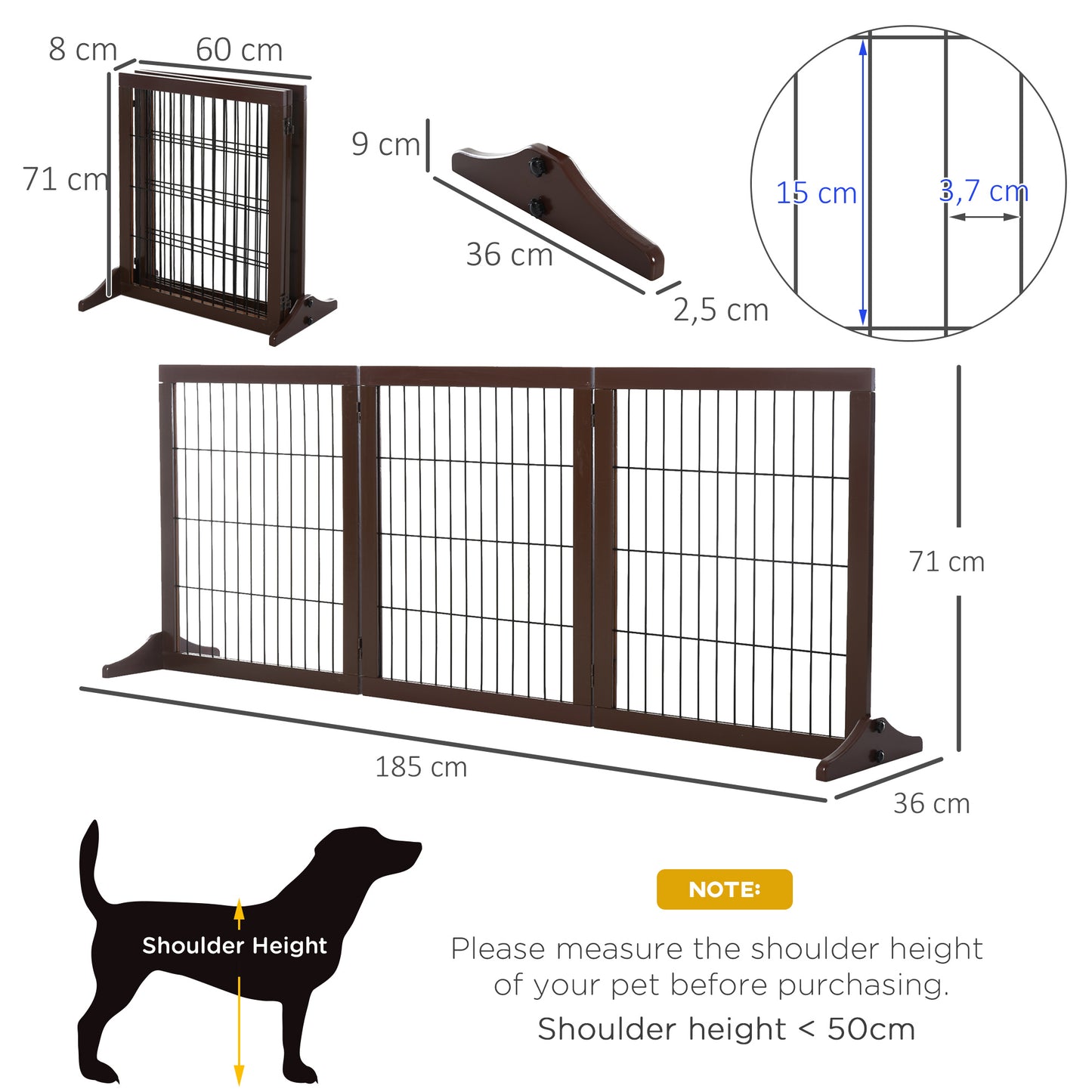PawHut Absperrgitter Hund Freistehendes Schutzgitter mit Füßen 185 x 71 cm Holz Hundegitter Treppenschutzgitter Treppengitter Hundeabsperrgitter für Treppen, Türen, Küche, Flur, 3 Paneelen, Braun