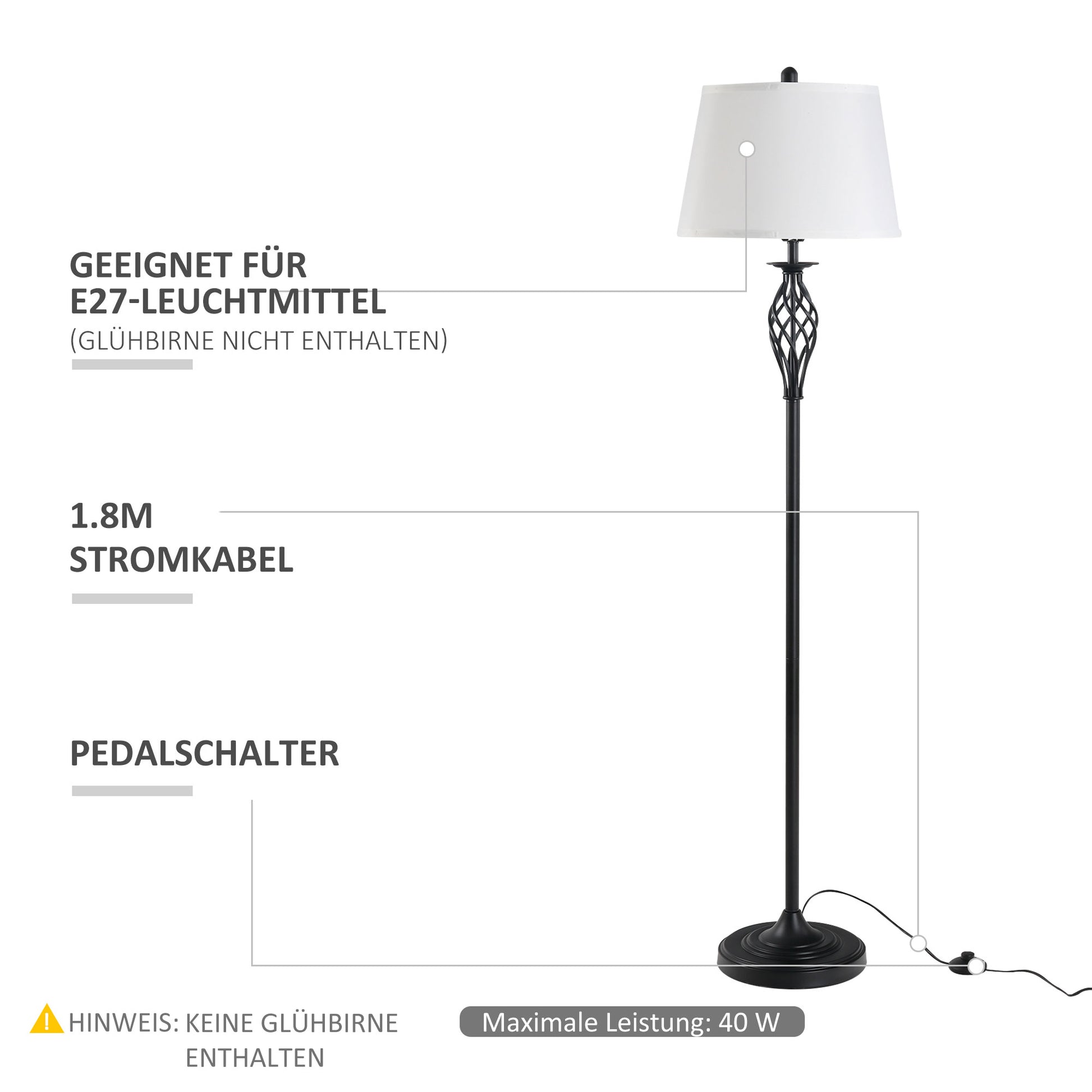 HOMCOM 3er-Lampenset 2 Tischlampe(ø38 x 158H cm) + 1 Stehlampe(ø30 x 62H cm) Vintage Standlampe mit Fußschalter Leselampe für Wohnzimmer, Schlafzimmer Metall, Schwarz+Weiß