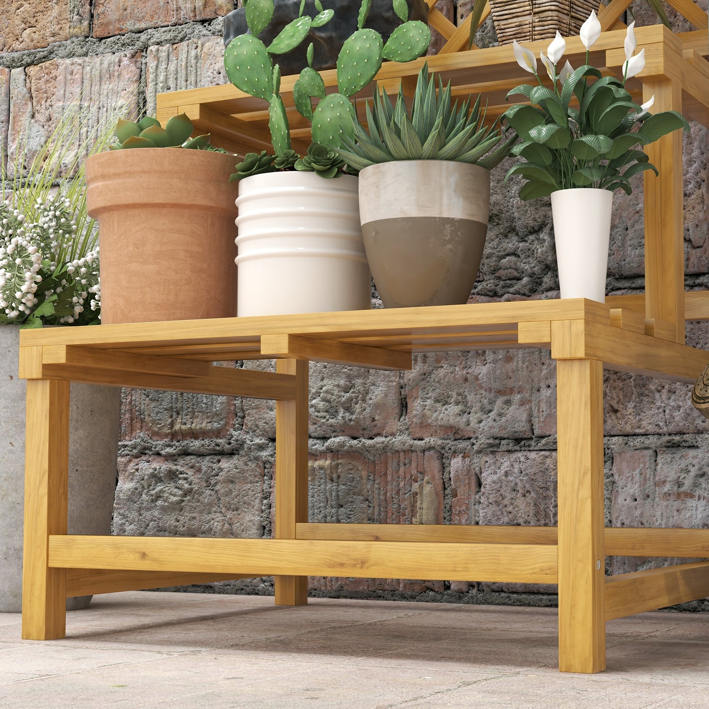 Outsunny Pflanzenständer, Blumenregal, 2 Etagen, mit Spalier & Dach, Tannenholz, 60x50x166cm, Gelb