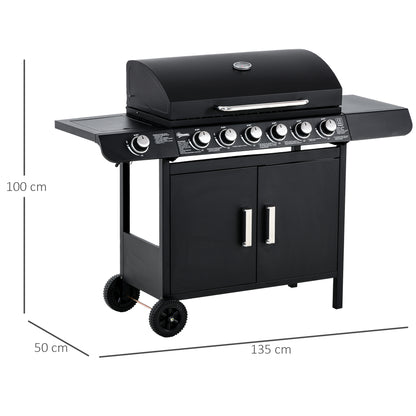 Outsunny Gasgrill mit 7 Brennern, inkl. Thermometer, BBQ -Grill, mobiler Grill, Schwarz